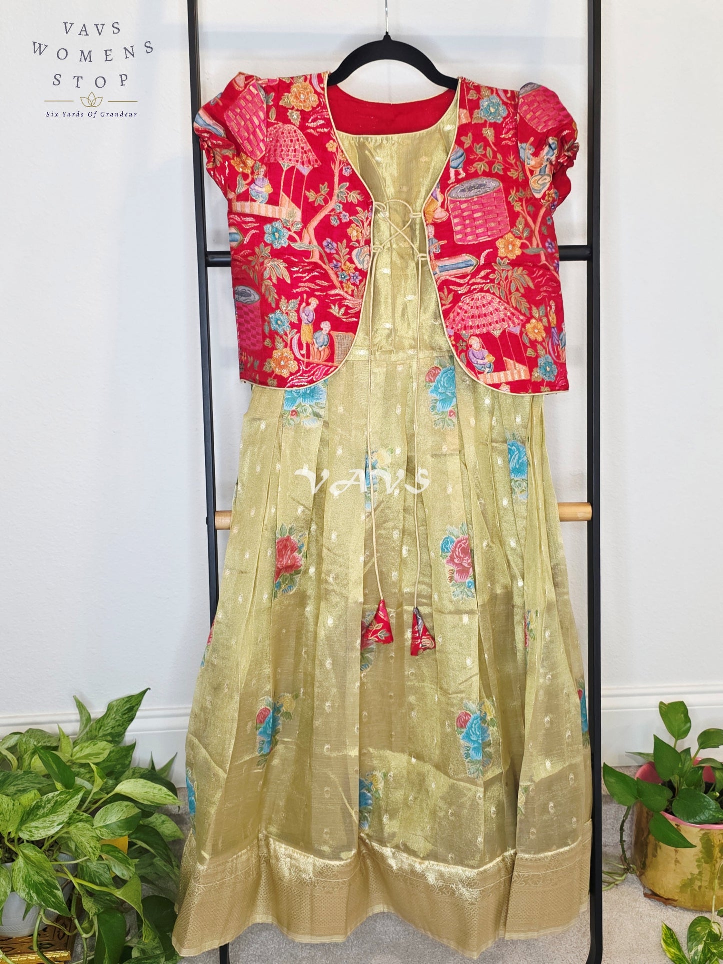Royal Antique Gold Tissue Floral Butta Woven Long Frock with Crimson Ruby Designer Printed Overcoat Set | Girls 7–8 Years