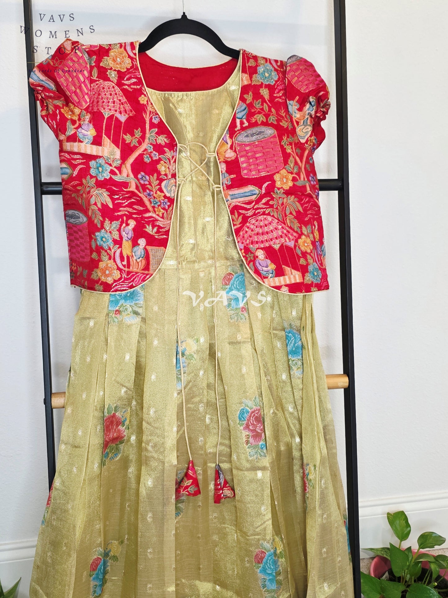 Royal Antique Gold Tissue Floral Butta Woven Long Frock with Crimson Ruby Designer Printed Overcoat Set | Girls 7–8 Years
