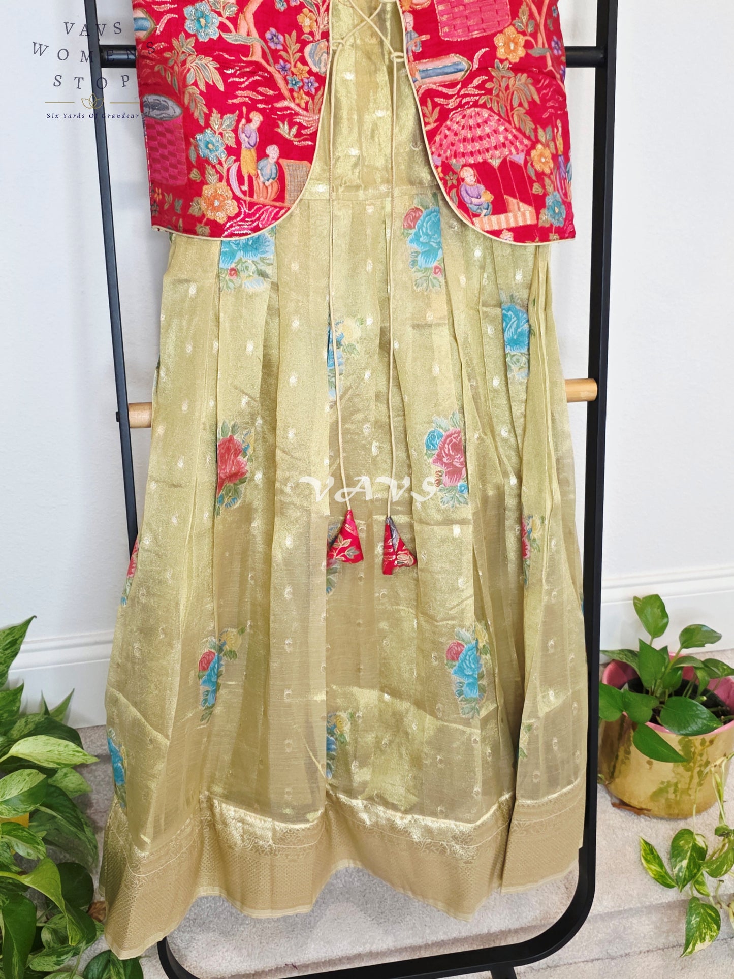 Royal Antique Gold Tissue Floral Butta Woven Long Frock with Crimson Ruby Designer Printed Overcoat Set | Girls 7–8 Years