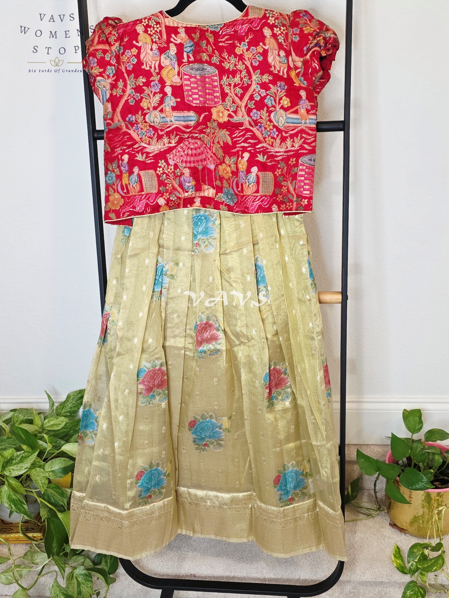 Royal Antique Gold Tissue Floral Butta Woven Long Frock with Crimson Ruby Designer Printed Overcoat Set | Girls 7–8 Years