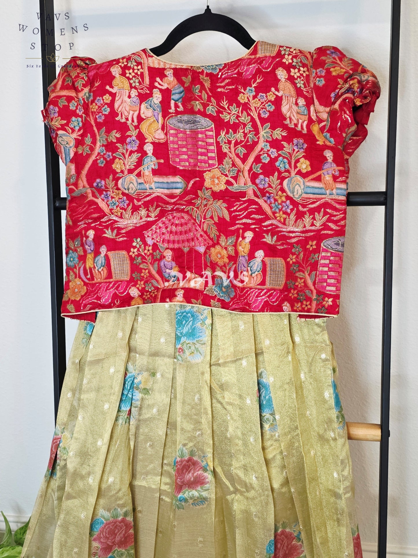 Royal Antique Gold Tissue Floral Butta Woven Long Frock with Crimson Ruby Designer Printed Overcoat Set | Girls 7–8 Years