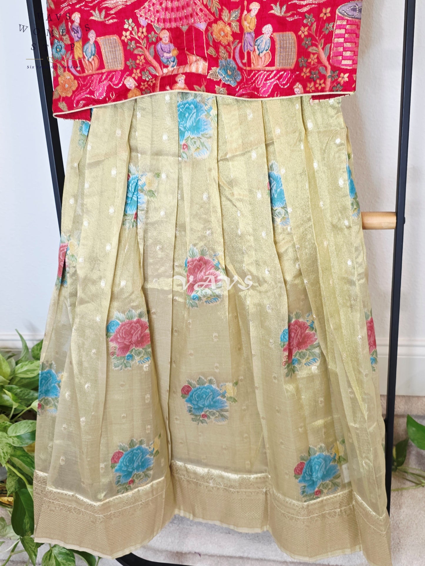 Royal Antique Gold Tissue Floral Butta Woven Long Frock with Crimson Ruby Designer Printed Overcoat Set | Girls 7–8 Years