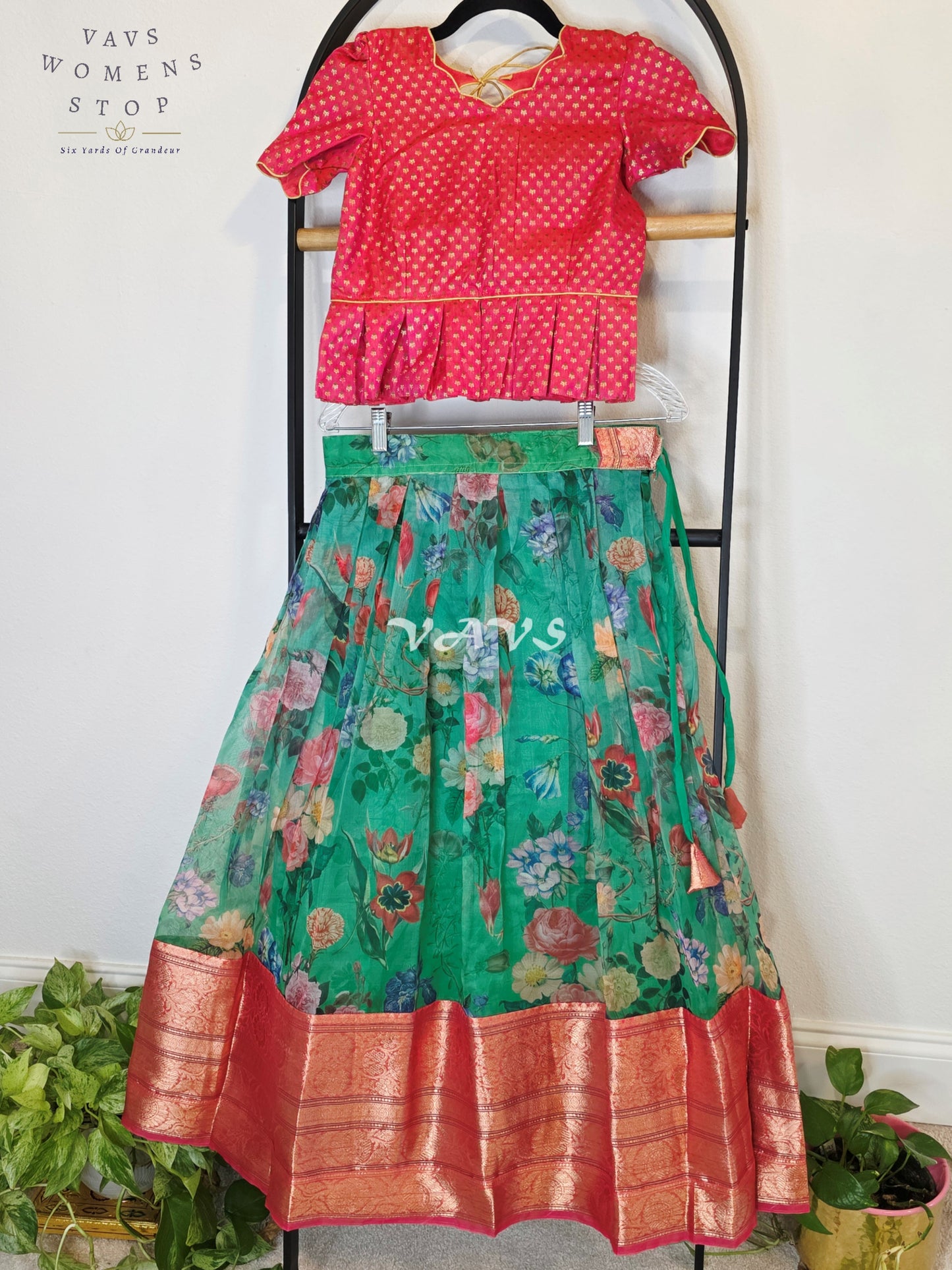Royal Emerald Jade Floral Organza Print Lehenga with Rani Pink Benarasi Peplum Blouse | Girls 9–10 Years