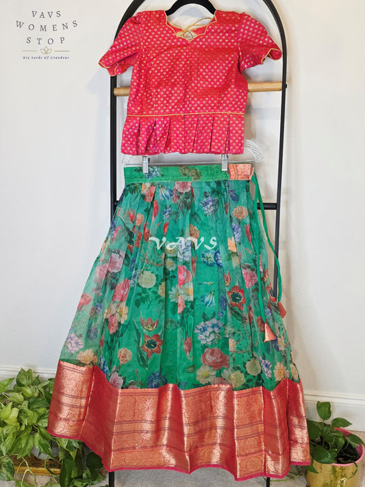 Royal Emerald Jade Floral Organza Print Lehenga with Rani Pink Benarasi Peplum Blouse | Girls 9–10 Years