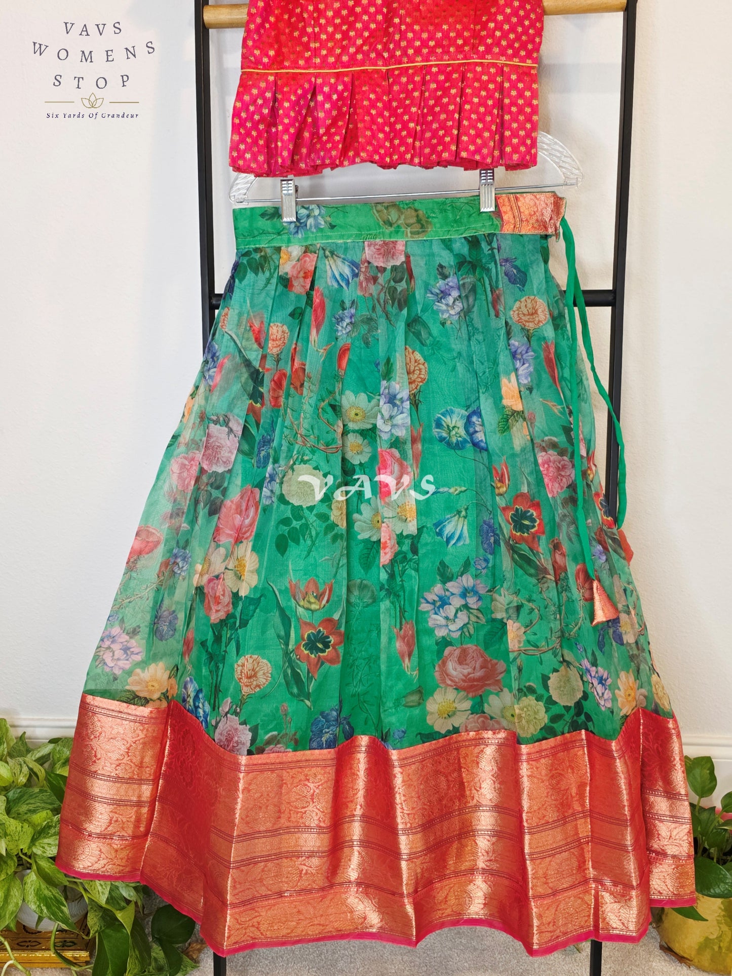 Royal Emerald Jade Floral Organza Print Lehenga with Rani Pink Benarasi Peplum Blouse | Girls 9–10 Years