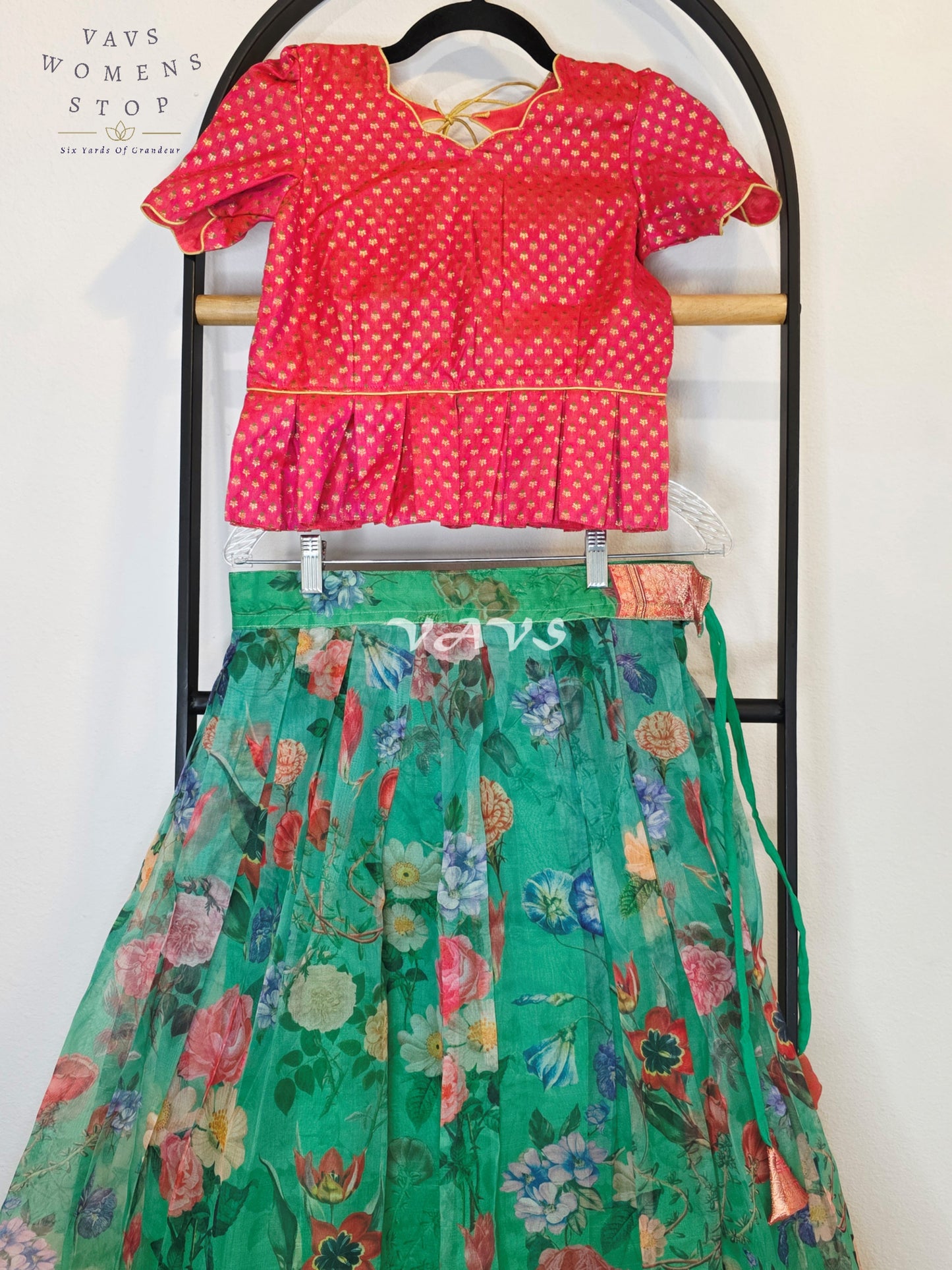 Royal Emerald Jade Floral Organza Print Lehenga with Rani Pink Benarasi Peplum Blouse | Girls 9–10 Years