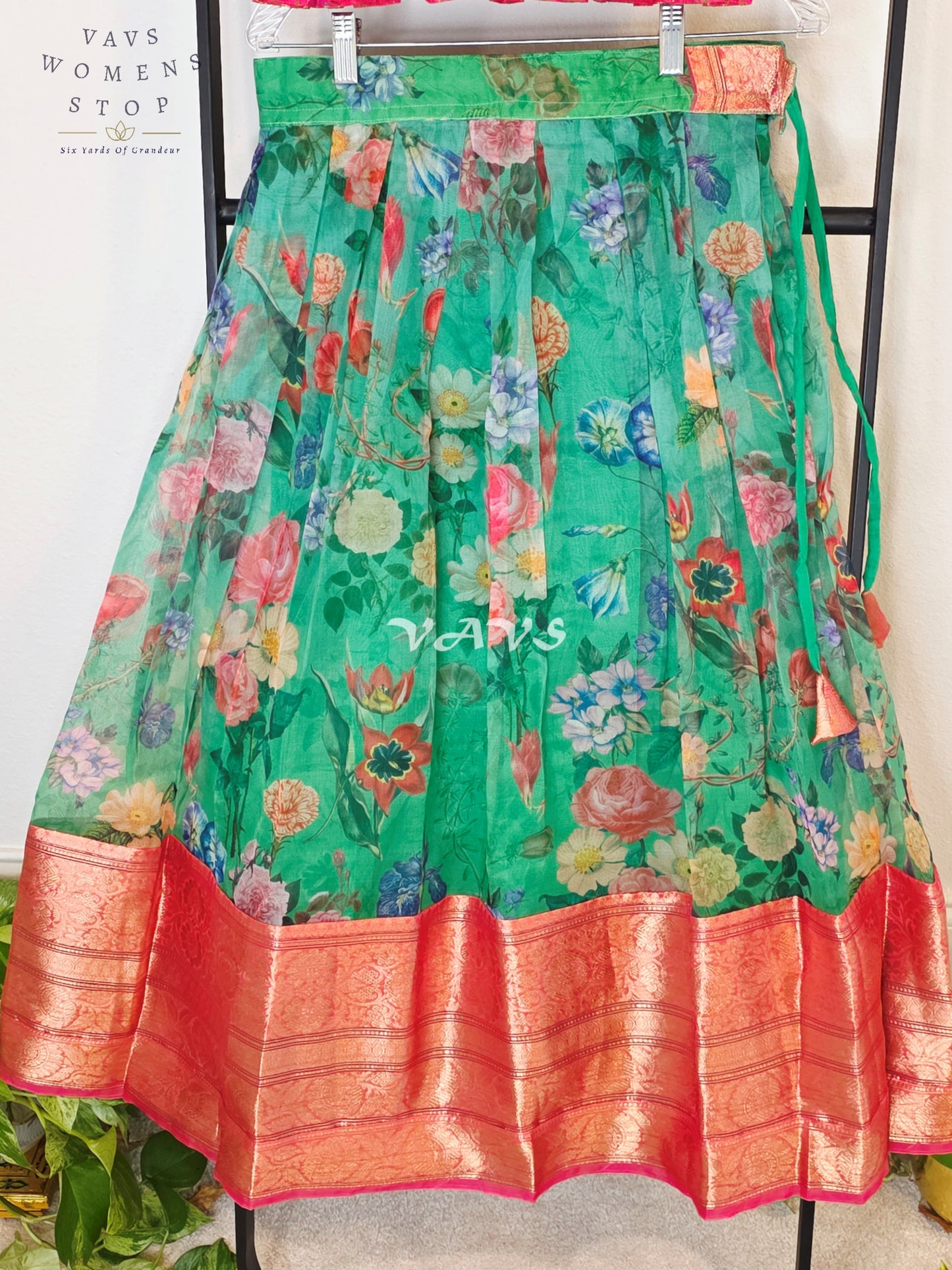 Royal Emerald Jade Floral Organza Print Lehenga with Rani Pink Benarasi Peplum Blouse | Girls 9–10 Years