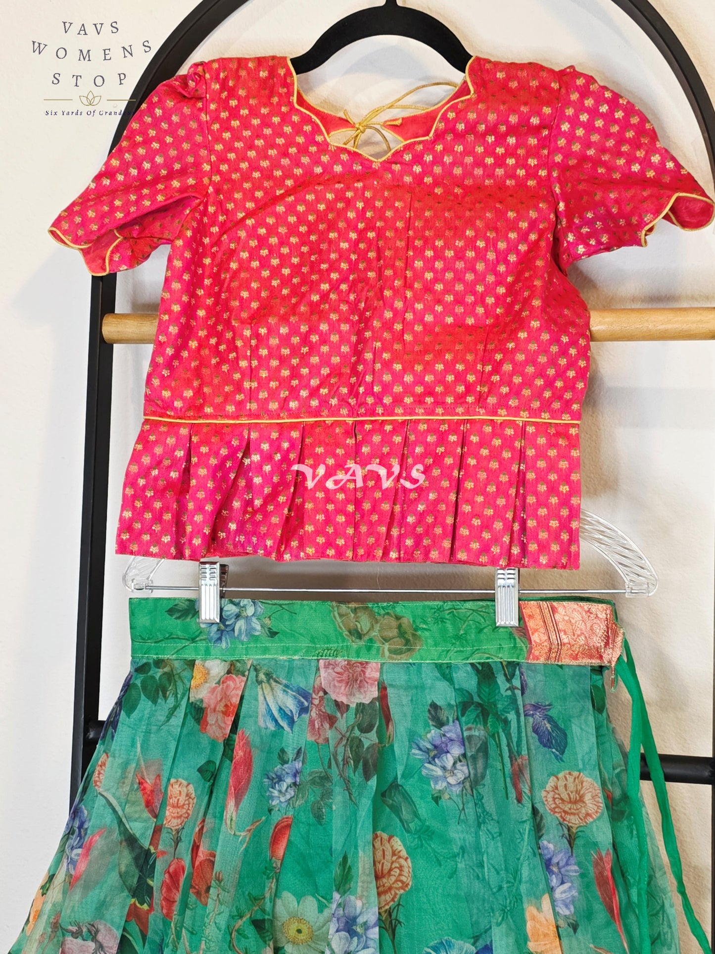 Royal Emerald Jade Floral Organza Print Lehenga with Rani Pink Benarasi Peplum Blouse | Girls 9–10 Years