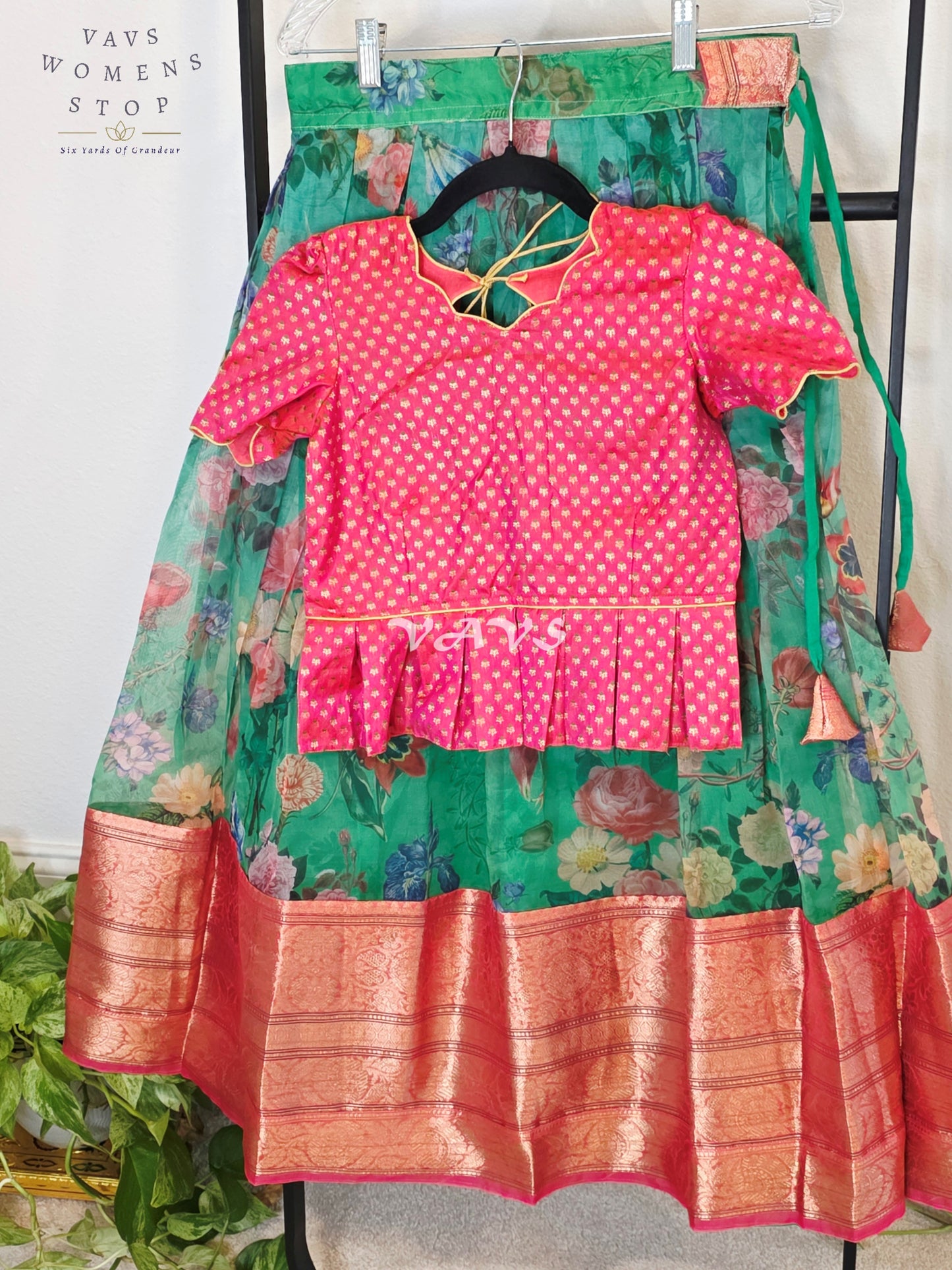 Royal Emerald Jade Floral Organza Print Lehenga with Rani Pink Benarasi Peplum Blouse | Girls 9–10 Years