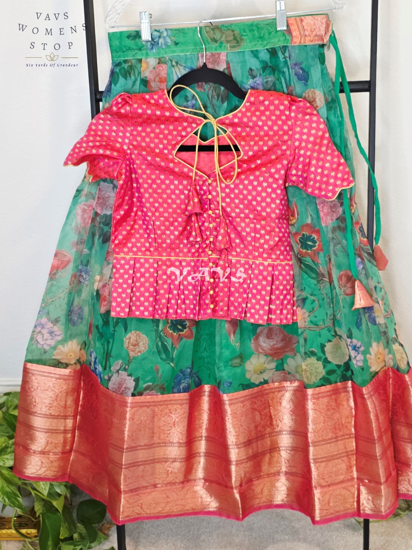Royal Emerald Jade Floral Organza Print Lehenga with Rani Pink Benarasi Peplum Blouse | Girls 9–10 Years