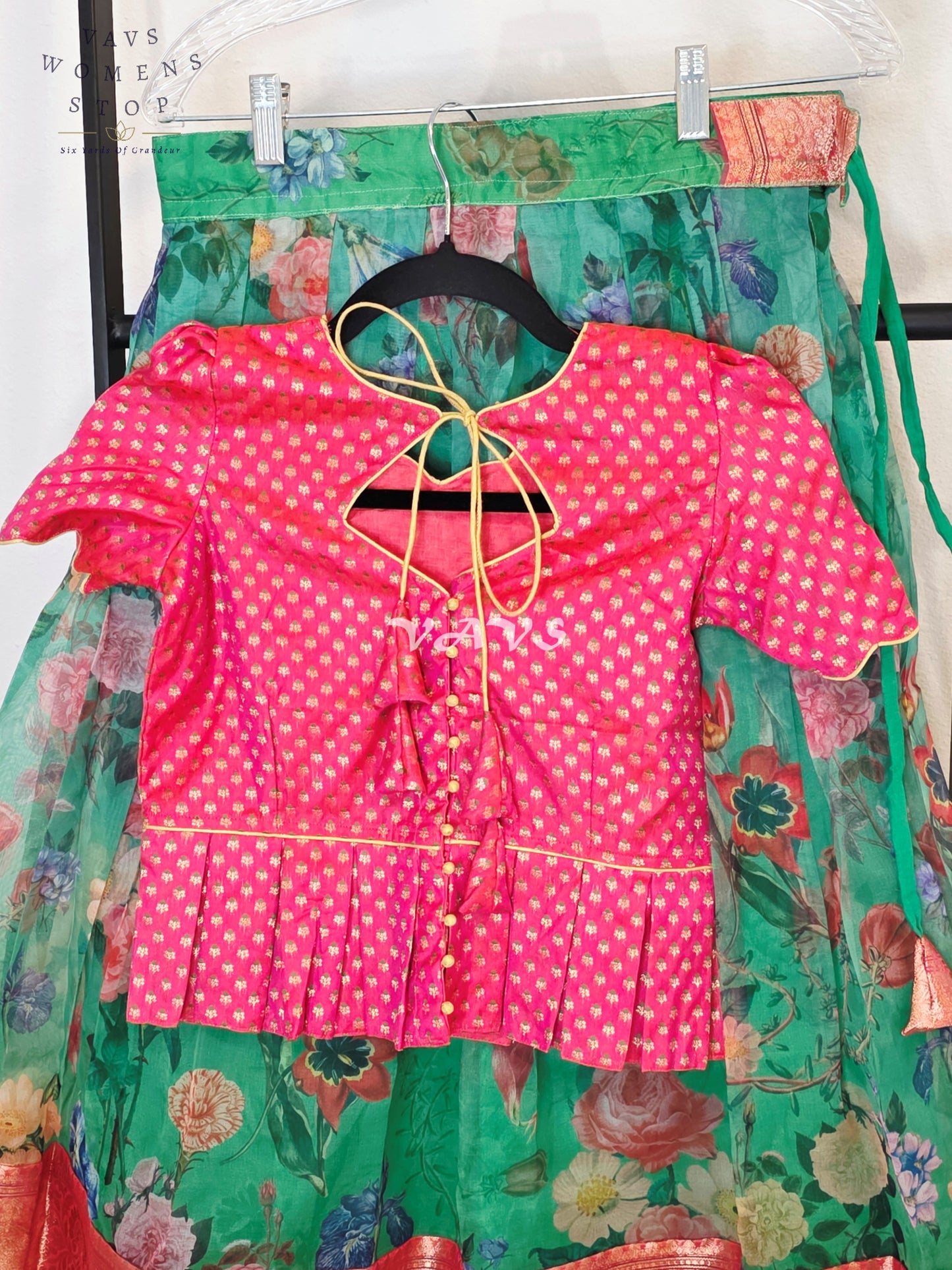 Royal Emerald Jade Floral Organza Print Lehenga with Rani Pink Benarasi Peplum Blouse | Girls 9–10 Years