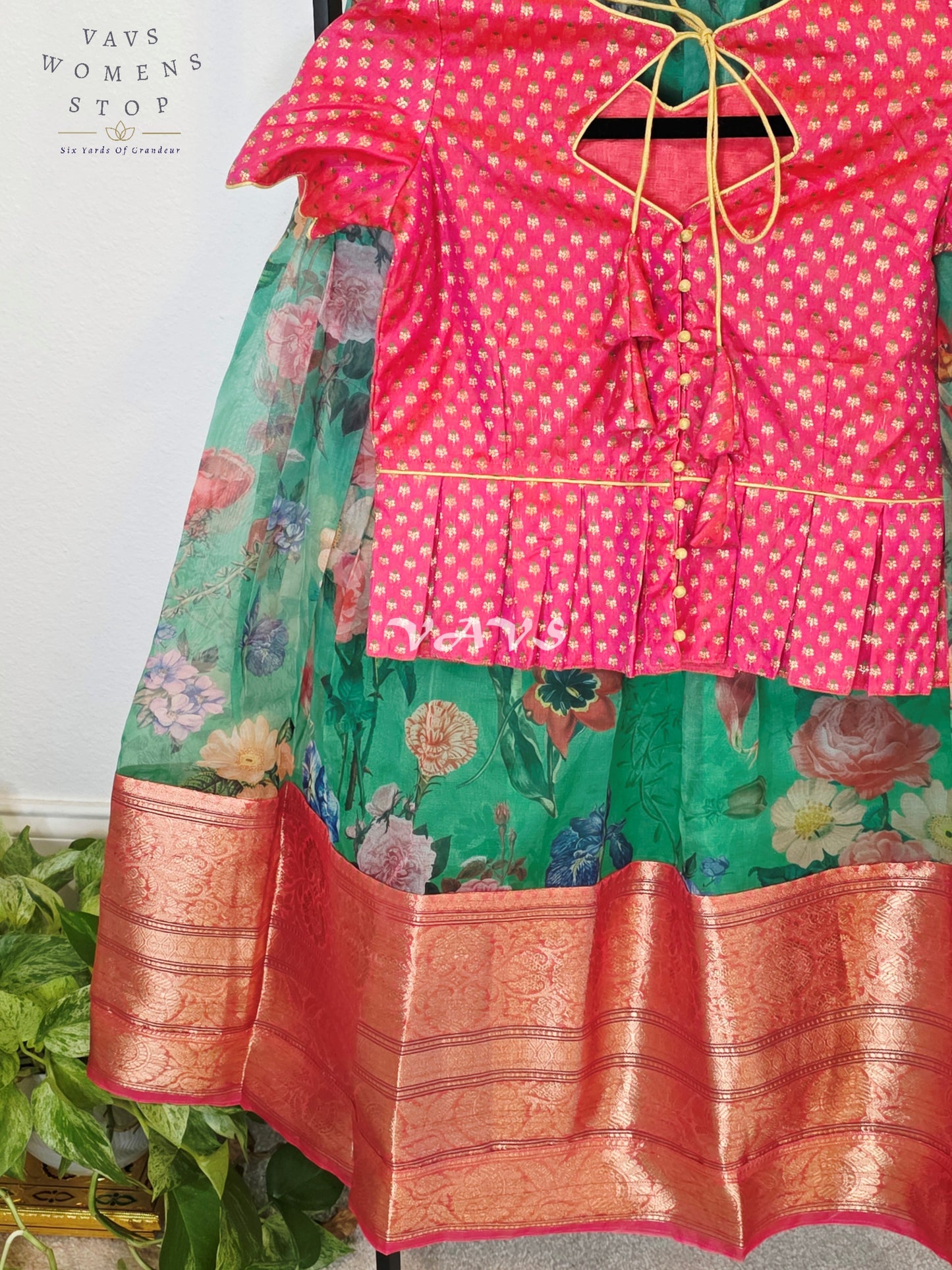 Royal Emerald Jade Floral Organza Print Lehenga with Rani Pink Benarasi Peplum Blouse | Girls 9–10 Years