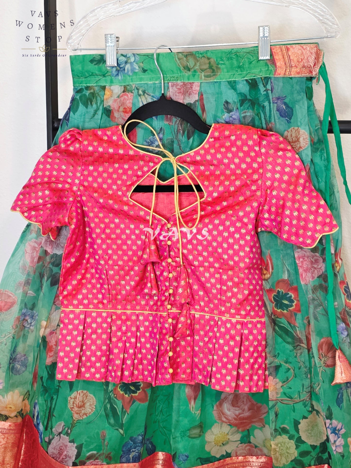 Royal Emerald Jade Floral Organza Print Lehenga with Rani Pink Benarasi Peplum Blouse | Girls 9–10 Years