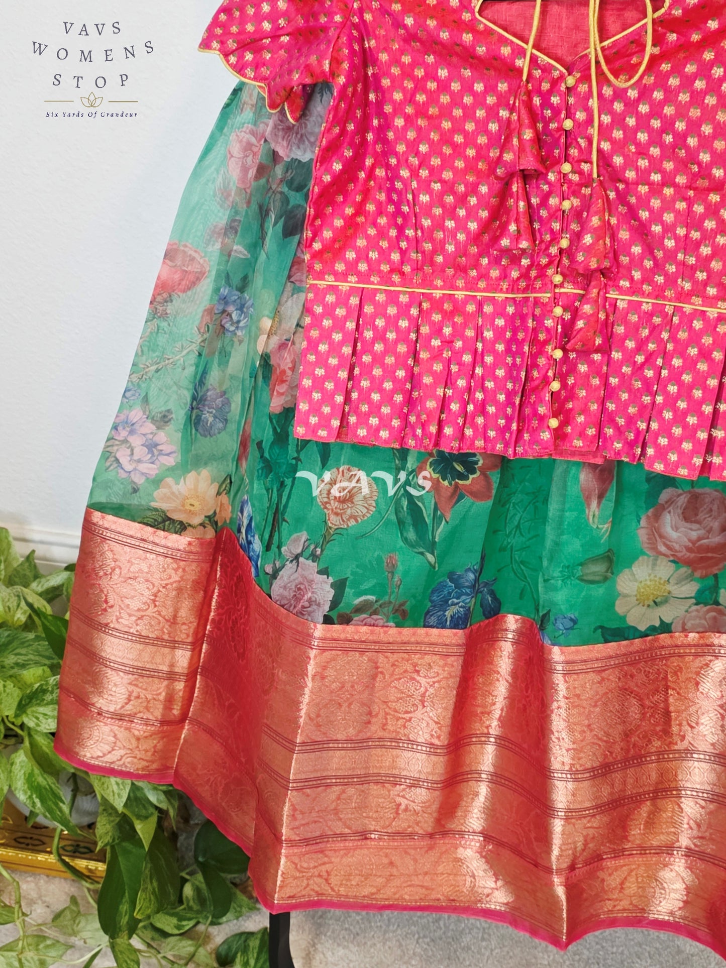 Royal Emerald Jade Floral Organza Print Lehenga with Rani Pink Benarasi Peplum Blouse | Girls 9–10 Years