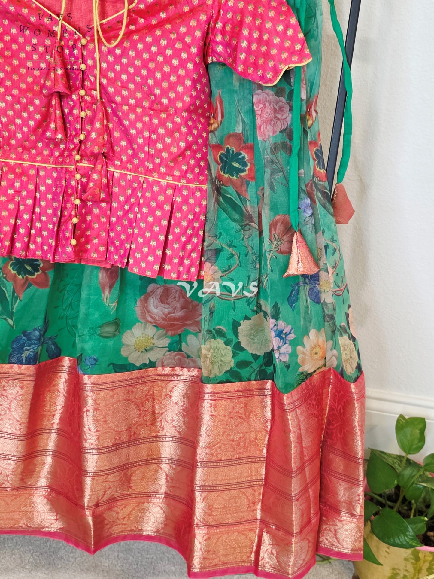 Royal Emerald Jade Floral Organza Print Lehenga with Rani Pink Benarasi Peplum Blouse | Girls 9–10 Years