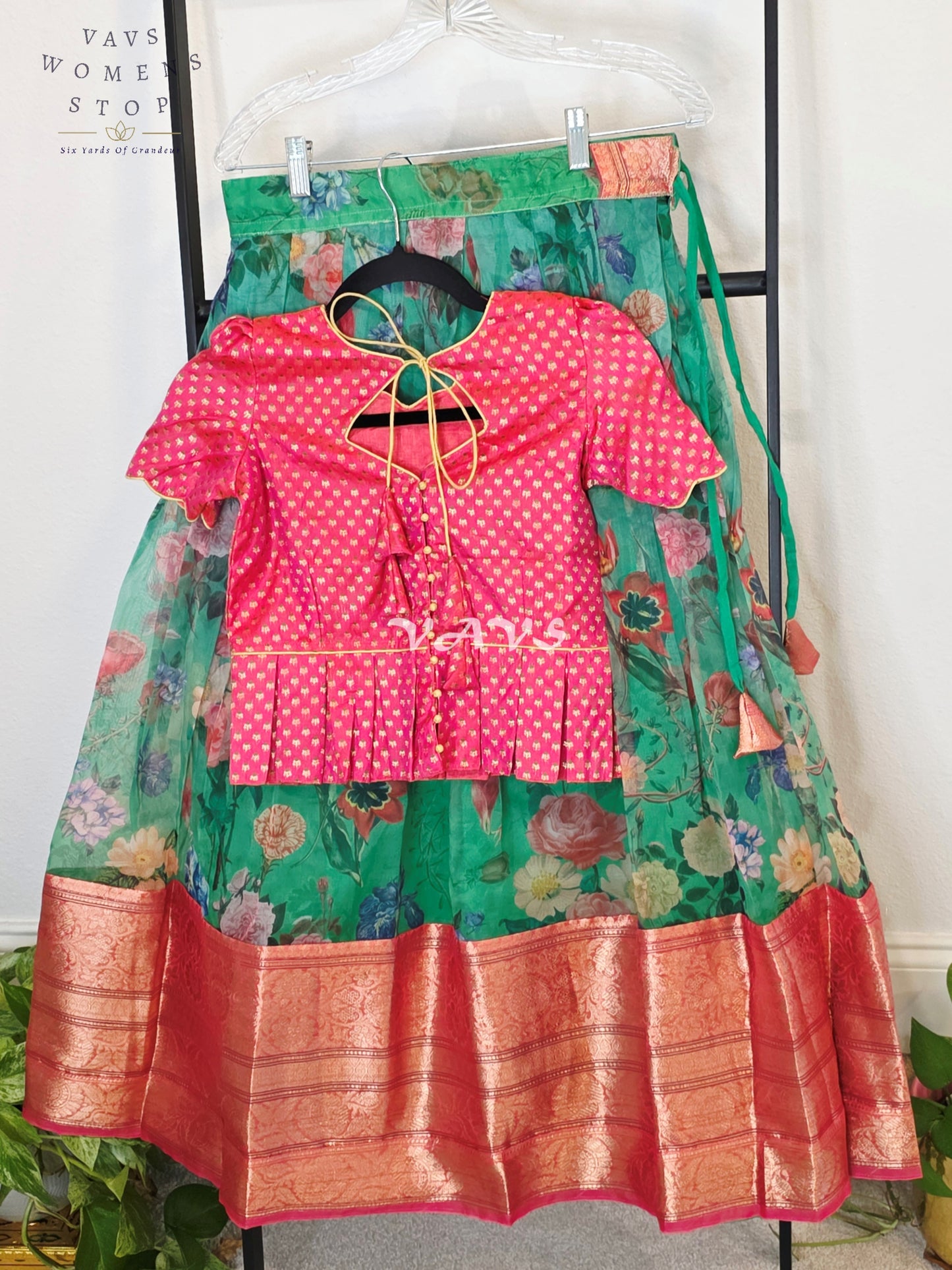 Royal Emerald Jade Floral Organza Print Lehenga with Rani Pink Benarasi Peplum Blouse | Girls 9–10 Years