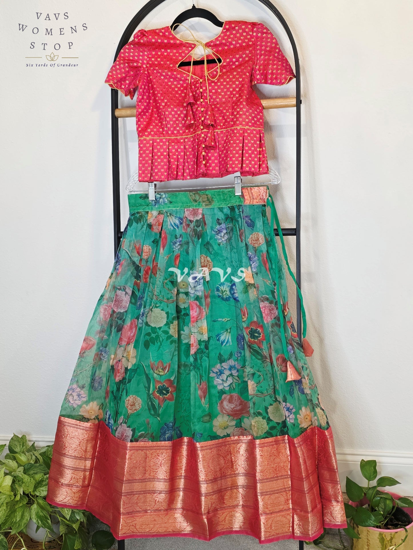 Royal Emerald Jade Floral Organza Print Lehenga with Rani Pink Benarasi Peplum Blouse | Girls 9–10 Years