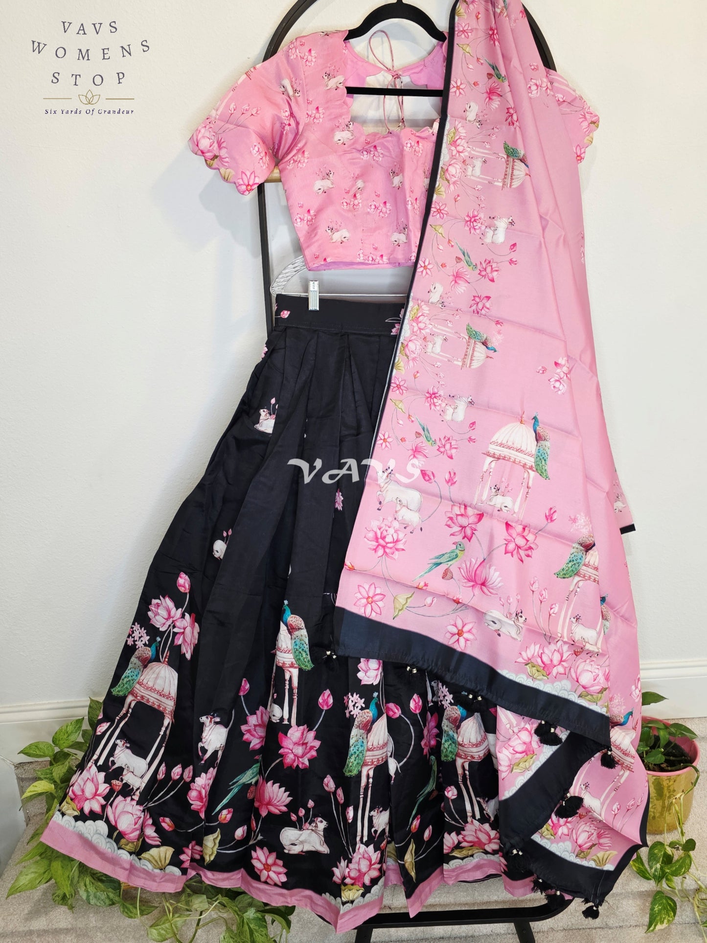 Royal Blush Pink & Midnight Noir Pichwai Mughal Gardens Designer Half Saree Set with Dupatta & Stitched Blouse