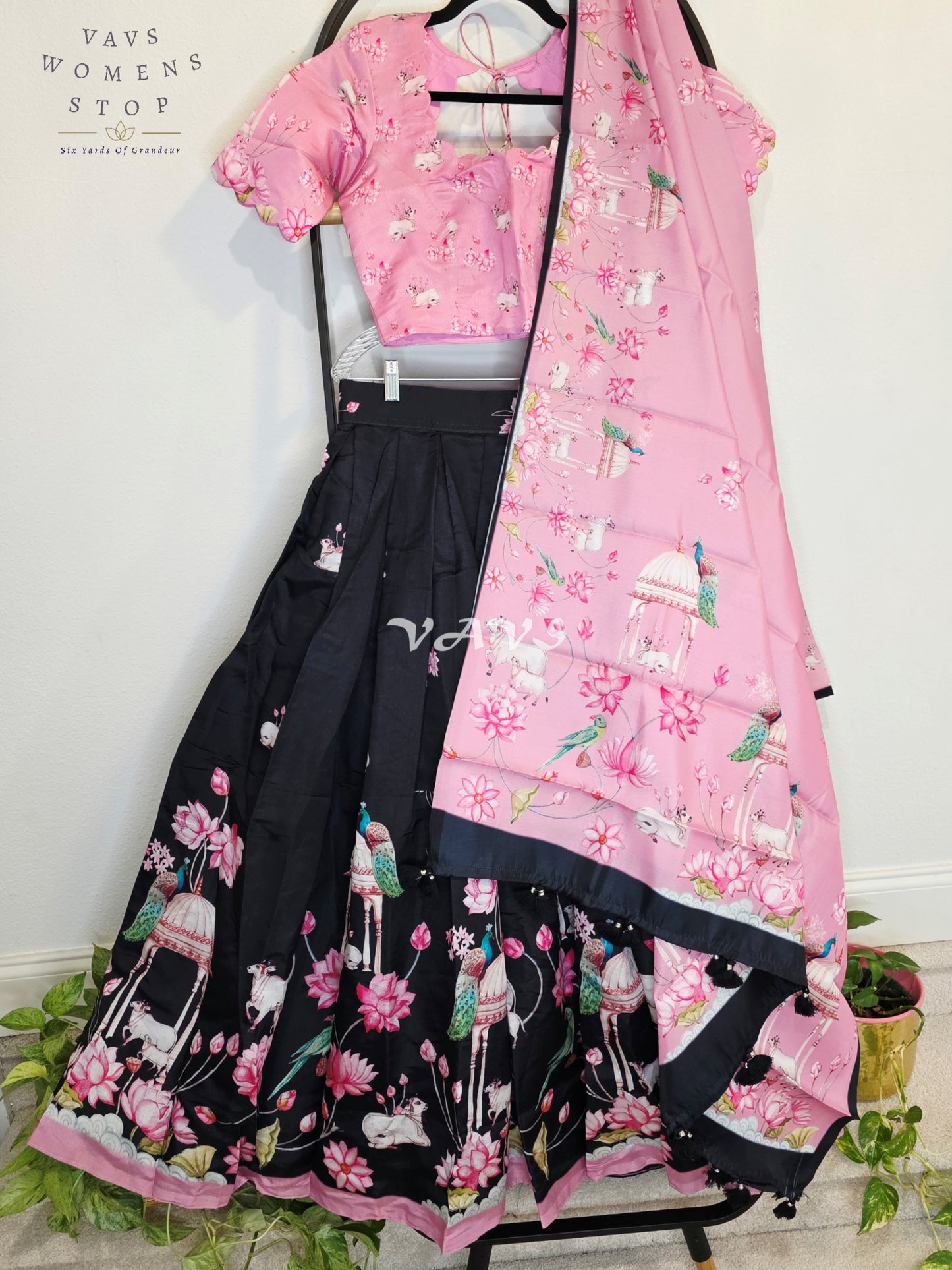 Royal Blush Pink & Midnight Noir Pichwai Mughal Gardens Designer Half Saree Set with Dupatta & Stitched Blouse