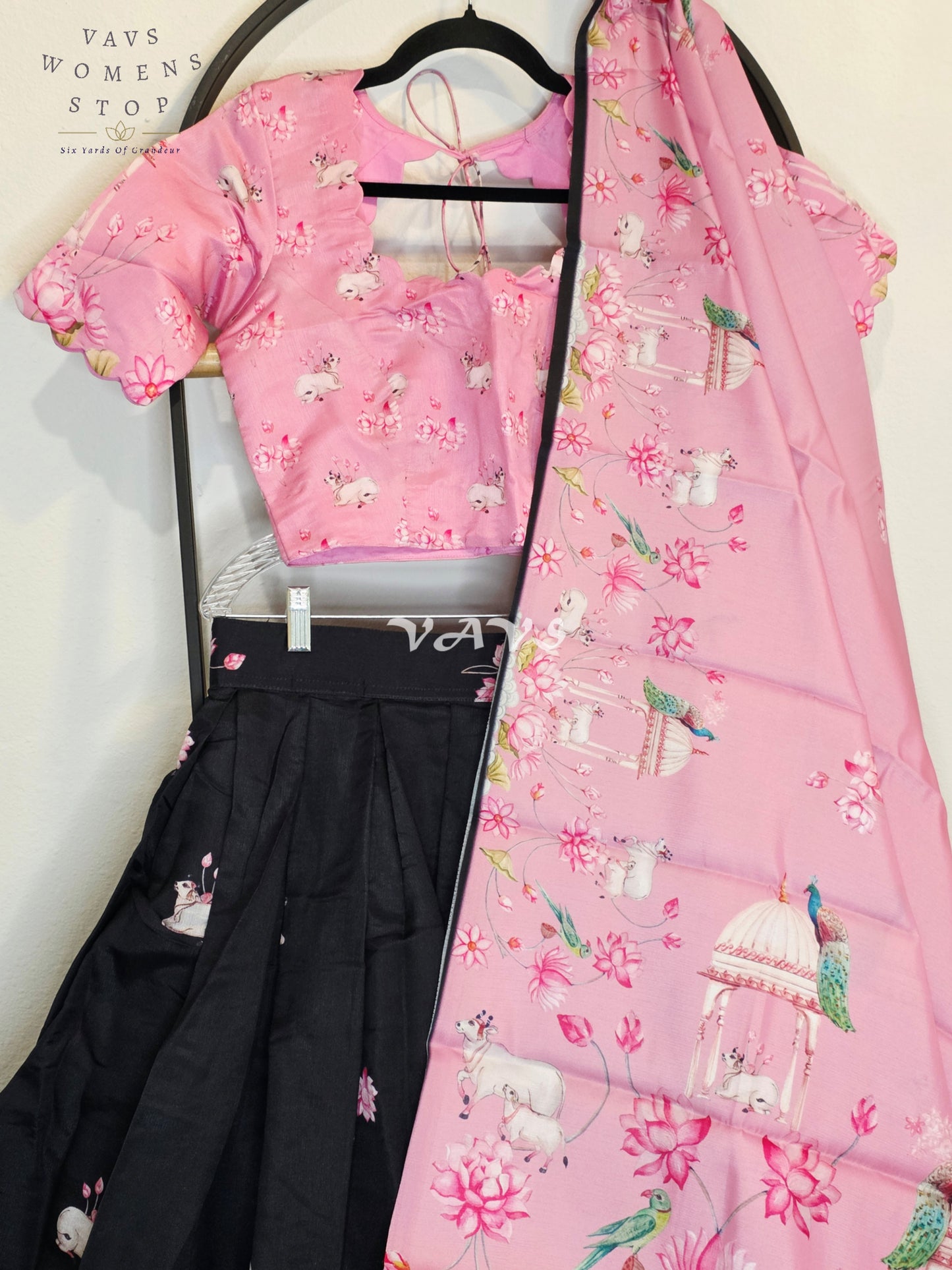 Royal Blush Pink & Midnight Noir Pichwai Mughal Gardens Designer Half Saree Set with Dupatta & Stitched Blouse