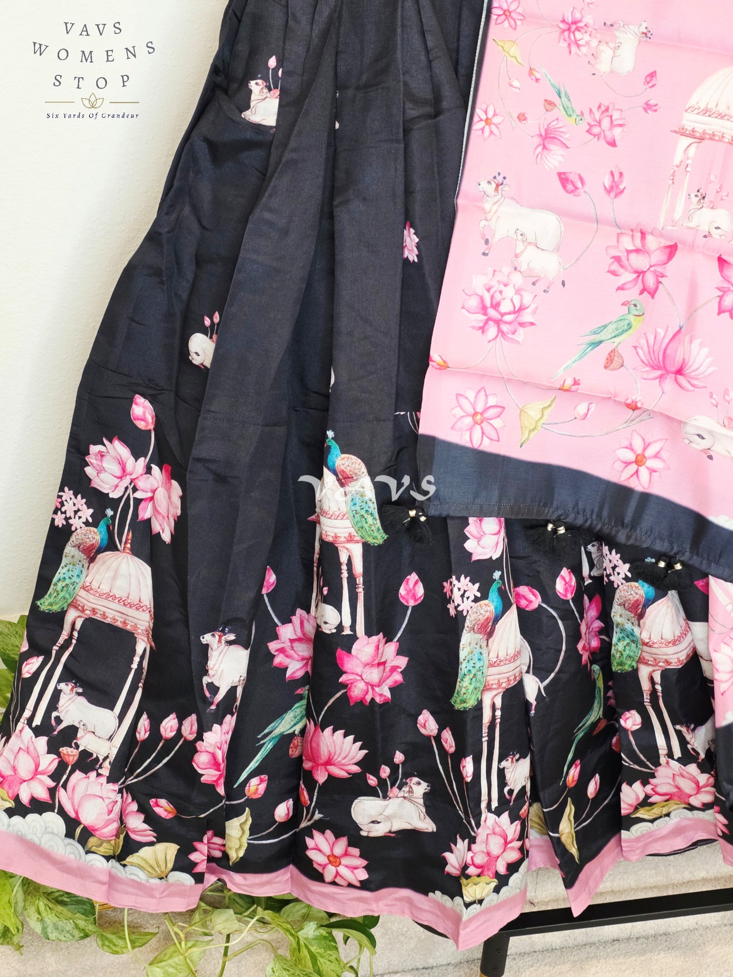 Royal Blush Pink & Midnight Noir Pichwai Mughal Gardens Designer Half Saree Set with Dupatta & Stitched Blouse