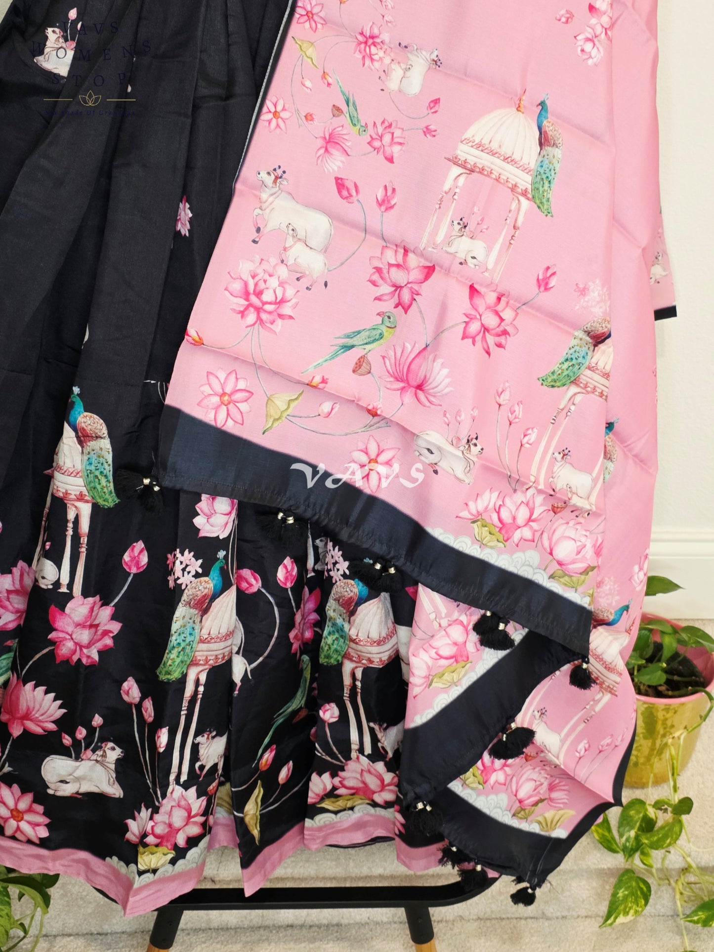 Royal Blush Pink & Midnight Noir Pichwai Mughal Gardens Designer Half Saree Set with Dupatta & Stitched Blouse