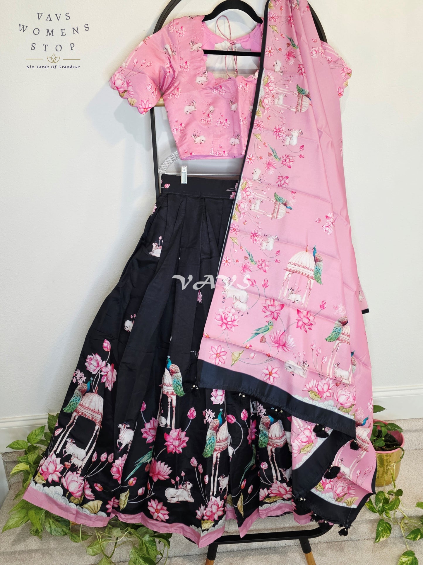 Royal Blush Pink & Midnight Noir Pichwai Mughal Gardens Designer Half Saree Set with Dupatta & Stitched Blouse