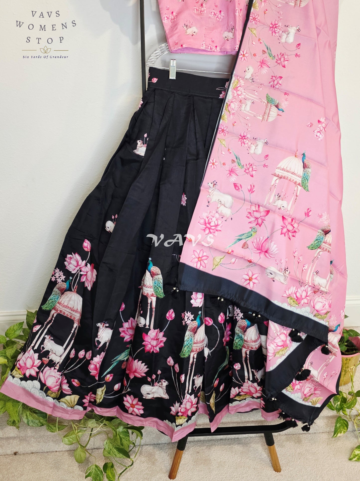 Royal Blush Pink & Midnight Noir Pichwai Mughal Gardens Designer Half Saree Set with Dupatta & Stitched Blouse
