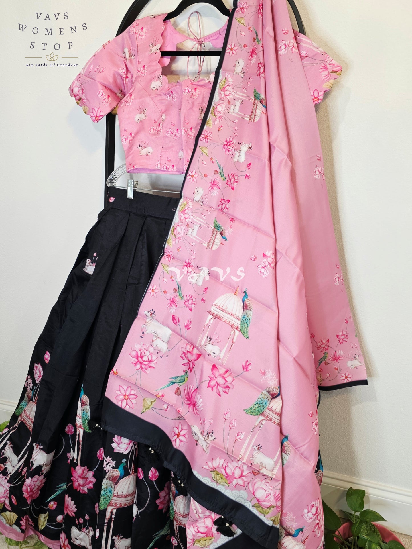 Royal Blush Pink & Midnight Noir Pichwai Mughal Gardens Designer Half Saree Set with Dupatta & Stitched Blouse
