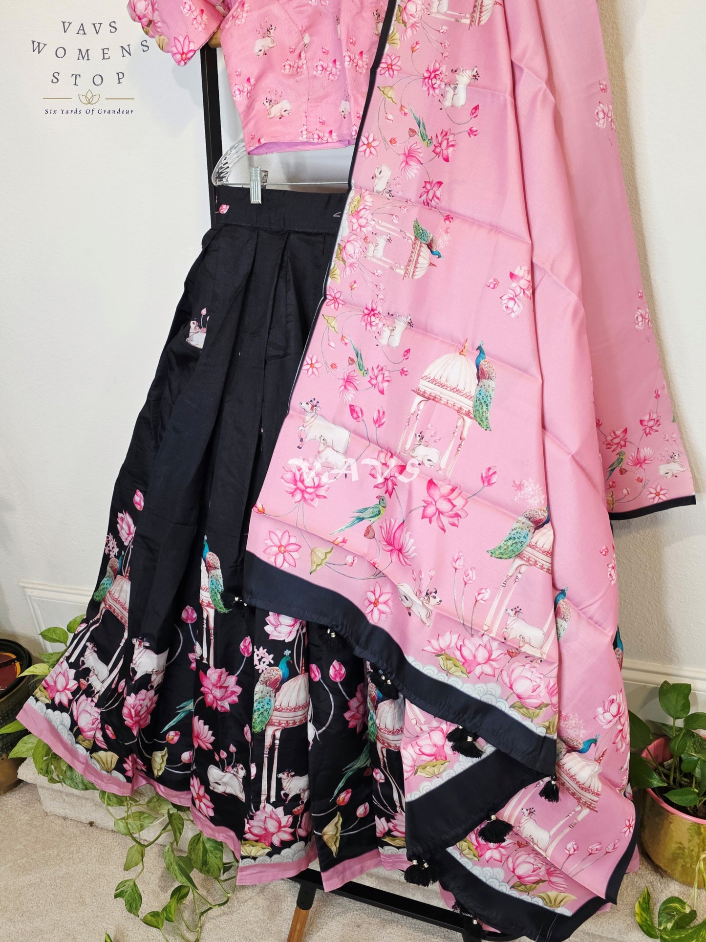 Royal Blush Pink & Midnight Noir Pichwai Mughal Gardens Designer Half Saree Set with Dupatta & Stitched Blouse