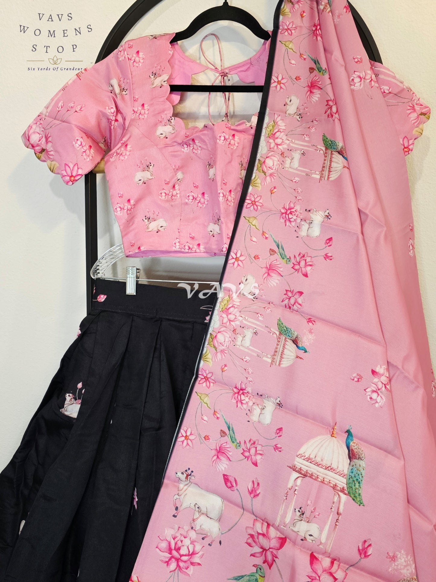 Royal Blush Pink & Midnight Noir Pichwai Mughal Gardens Designer Half Saree Set with Dupatta & Stitched Blouse