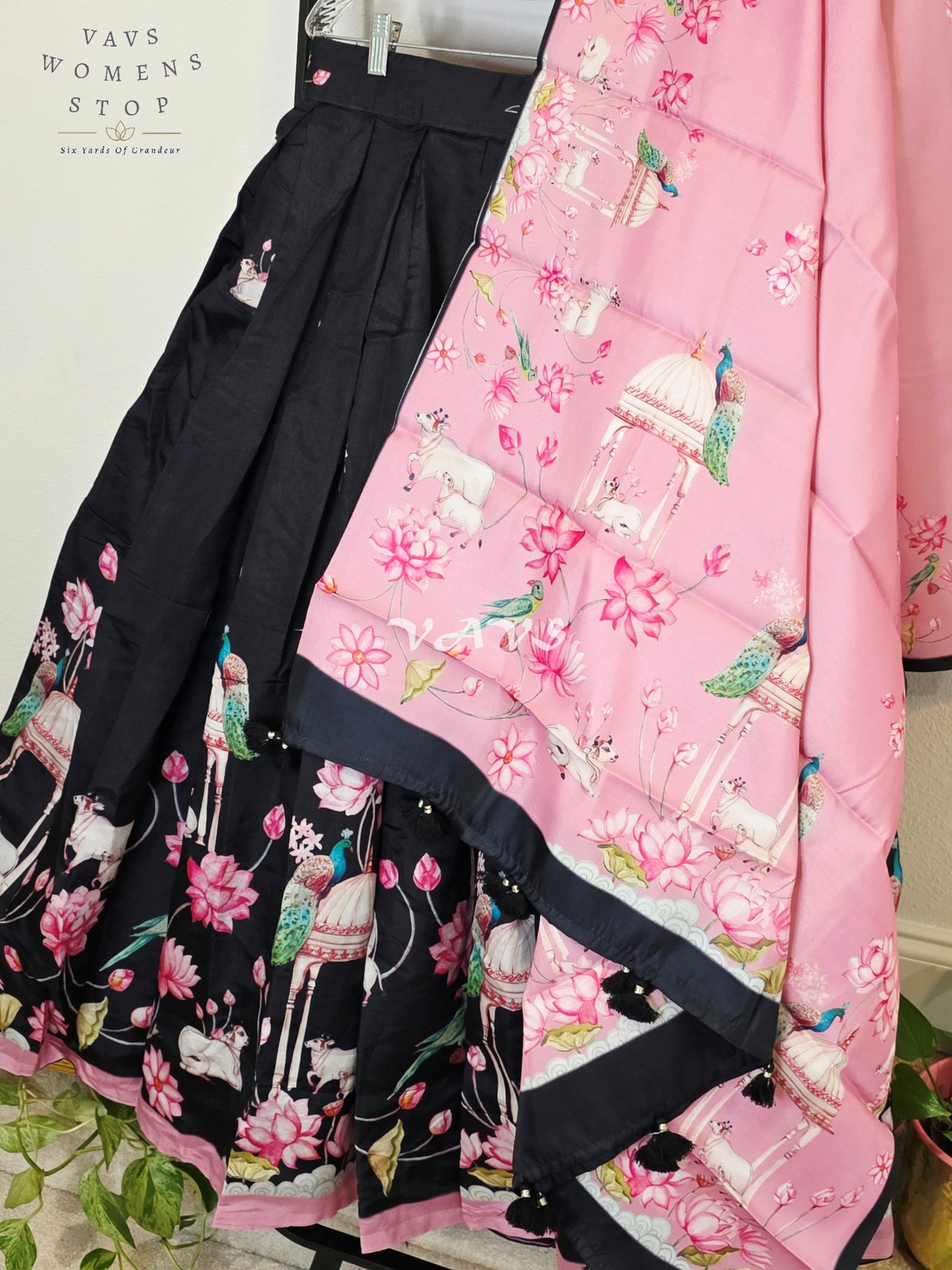 Royal Blush Pink & Midnight Noir Pichwai Mughal Gardens Designer Half Saree Set with Dupatta & Stitched Blouse