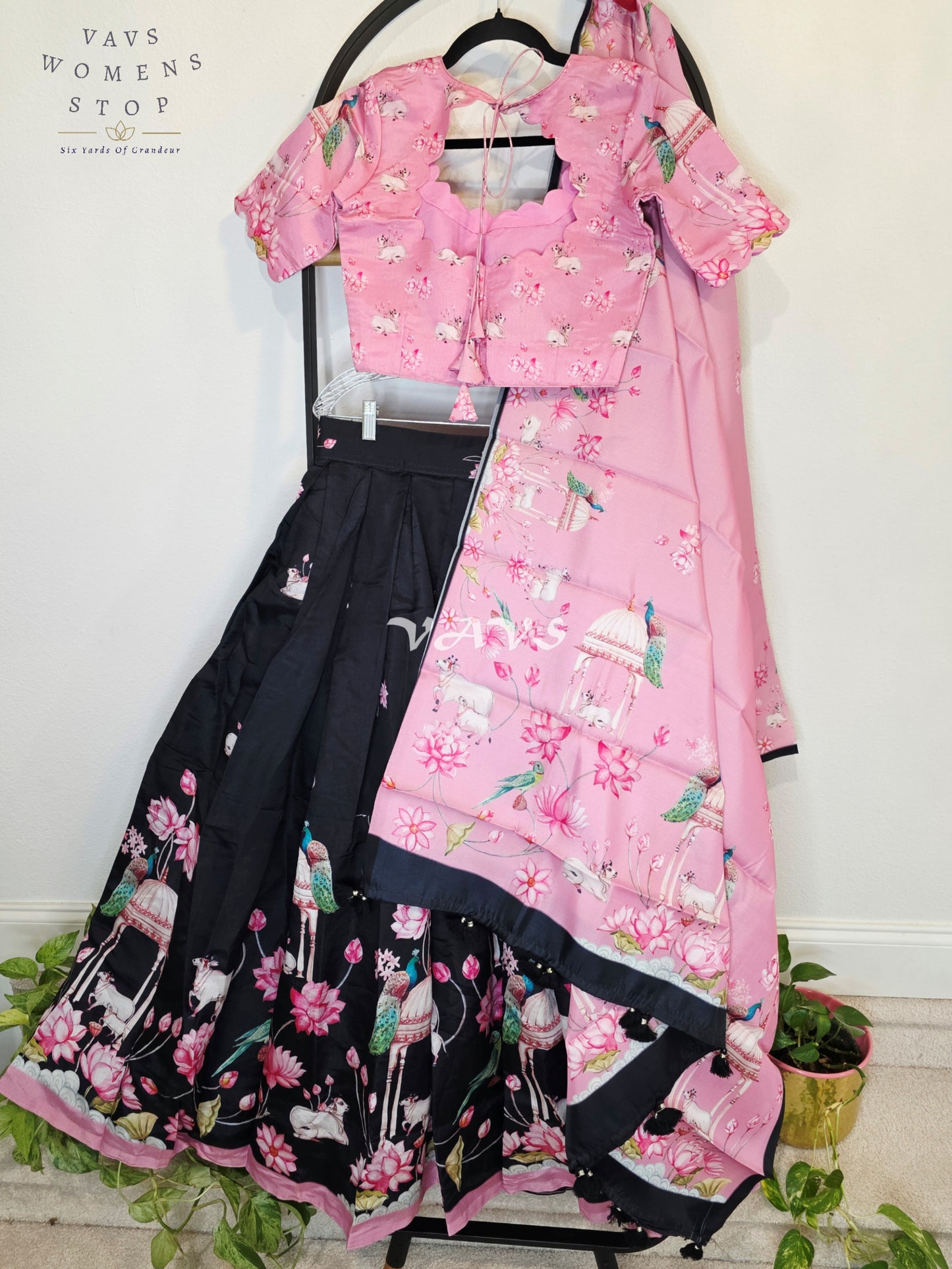 Royal Blush Pink & Midnight Noir Pichwai Mughal Gardens Designer Half Saree Set with Dupatta & Stitched Blouse