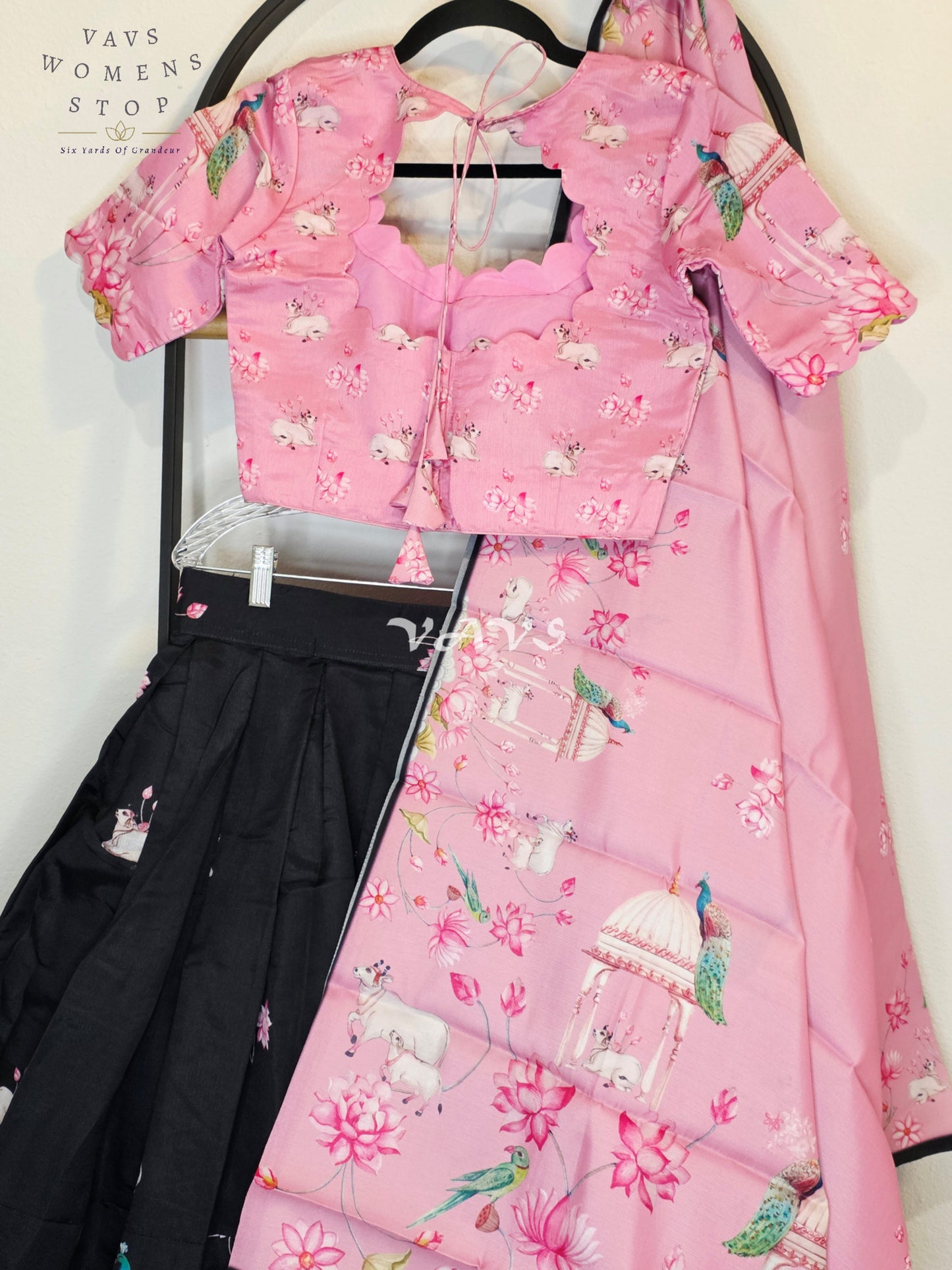 Royal Blush Pink & Midnight Noir Pichwai Mughal Gardens Designer Half Saree Set with Dupatta & Stitched Blouse