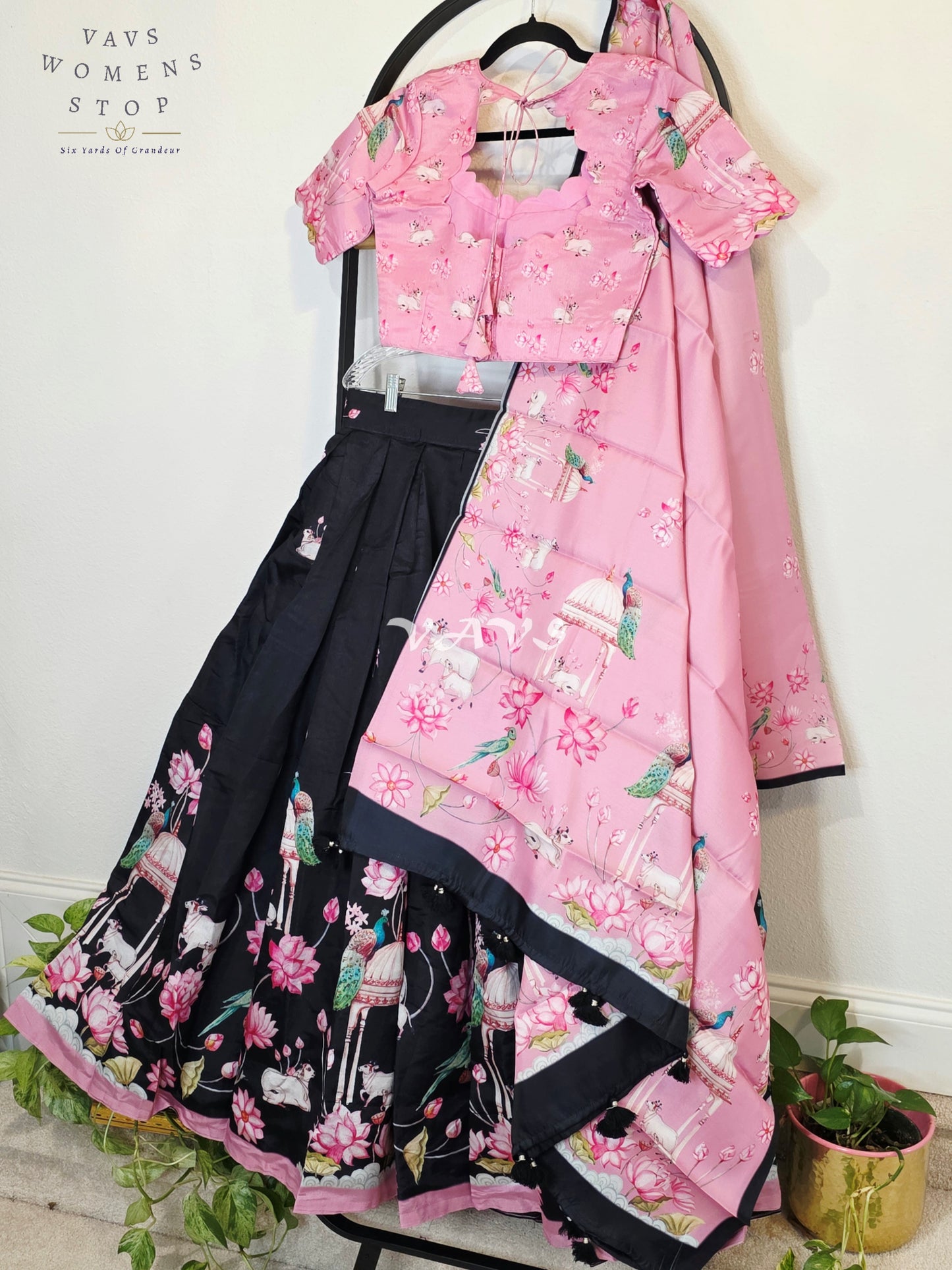 Royal Blush Pink & Midnight Noir Pichwai Mughal Gardens Designer Half Saree Set with Dupatta & Stitched Blouse