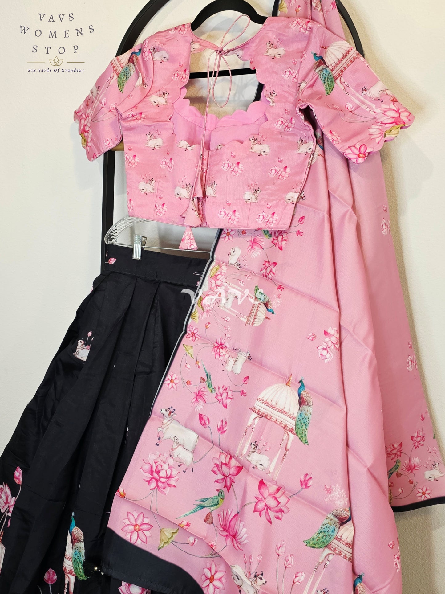 Royal Blush Pink & Midnight Noir Pichwai Mughal Gardens Designer Half Saree Set with Dupatta & Stitched Blouse