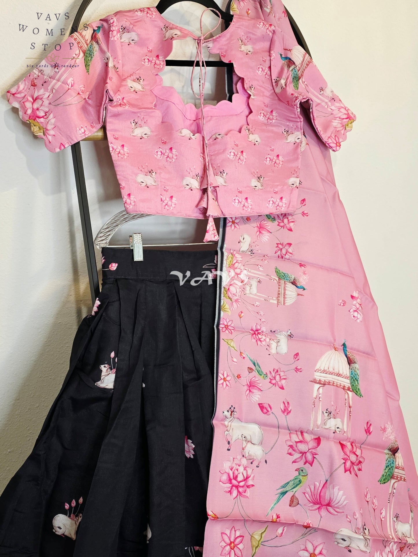 Royal Blush Pink & Midnight Noir Pichwai Mughal Gardens Designer Half Saree Set with Dupatta & Stitched Blouse