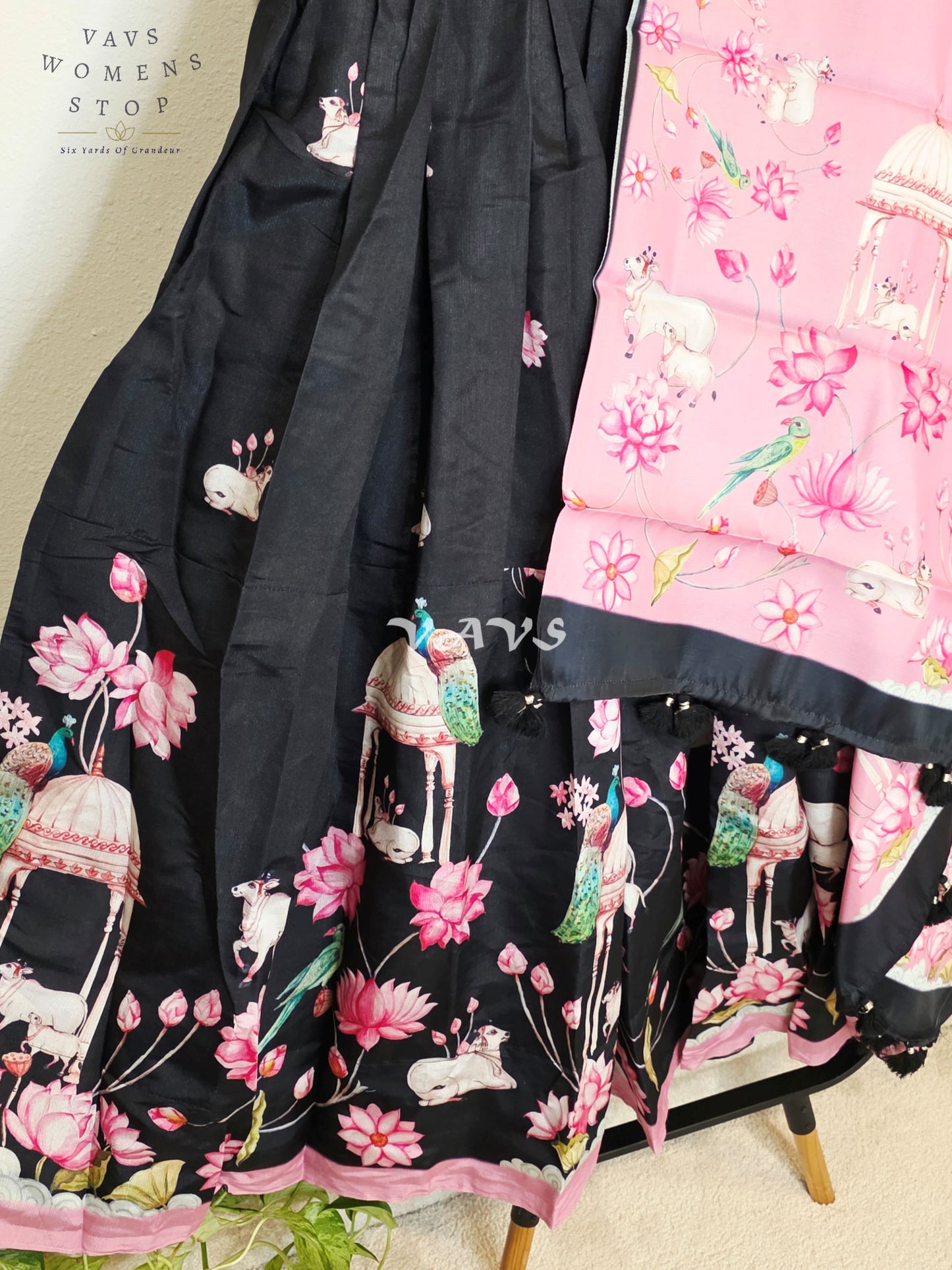 Royal Blush Pink & Midnight Noir Pichwai Mughal Gardens Designer Half Saree Set with Dupatta & Stitched Blouse