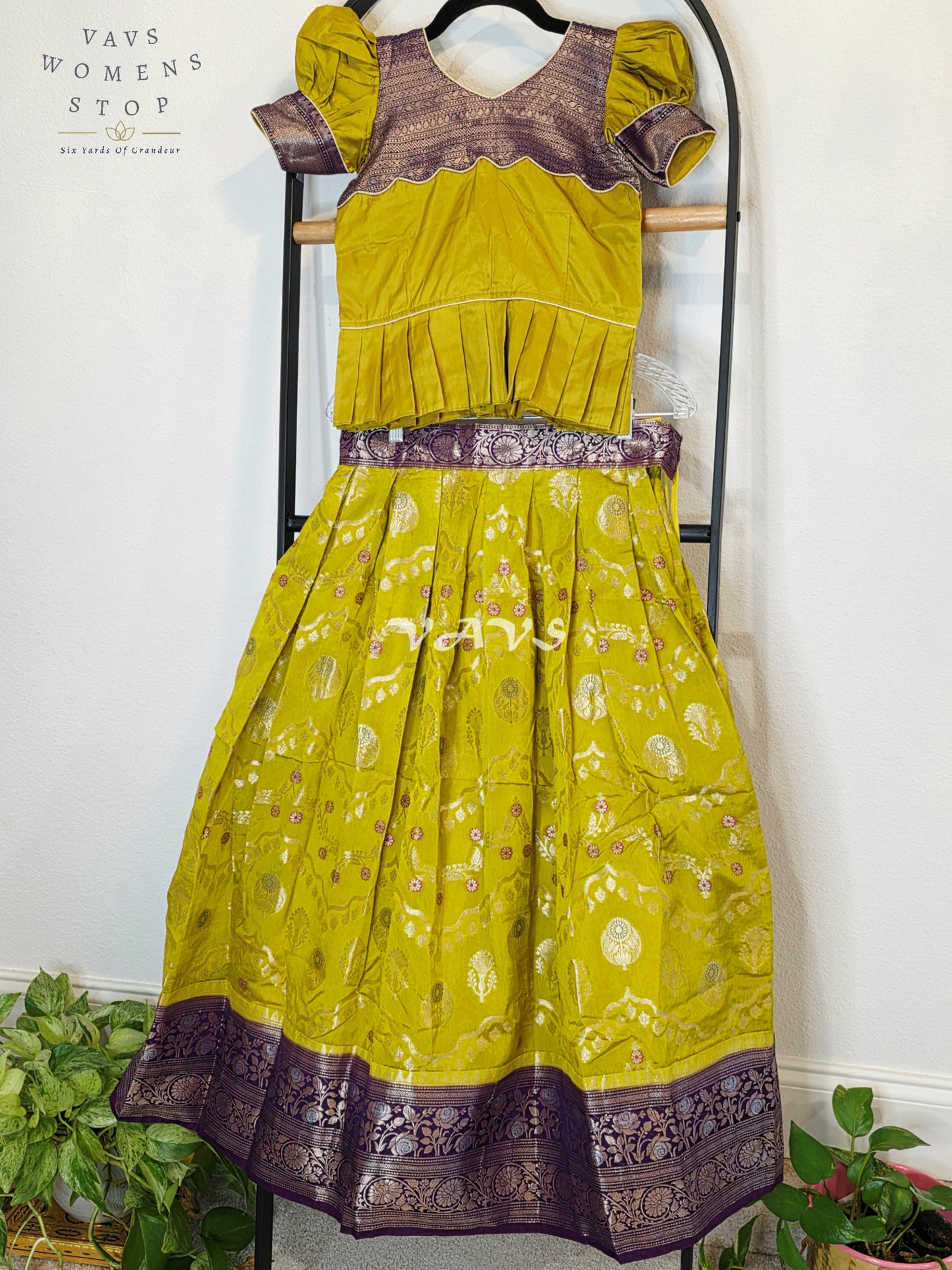 Royal Citrine Lime Green Benarasi Silk Lehenga Set with Imperial Aubergine Purple Zari Peplum Blouse | Girls 7–8 Years