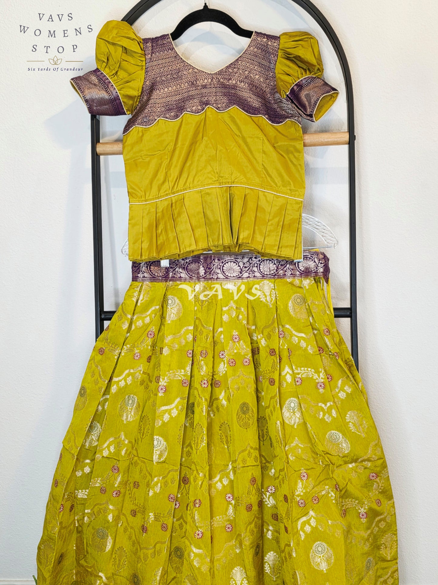 Royal Citrine Lime Green Benarasi Silk Lehenga Set with Imperial Aubergine Purple Zari Peplum Blouse | Girls 7–8 Years