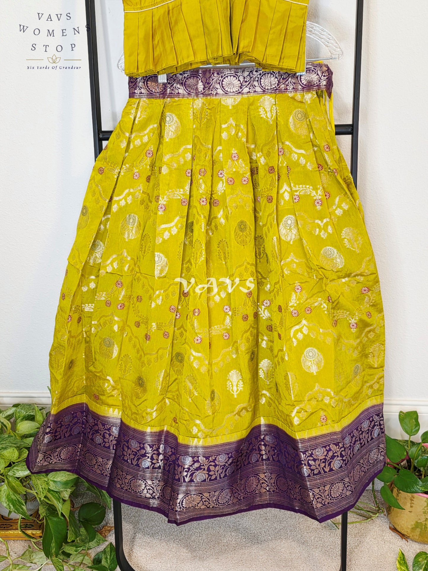Royal Citrine Lime Green Benarasi Silk Lehenga Set with Imperial Aubergine Purple Zari Peplum Blouse | Girls 7–8 Years