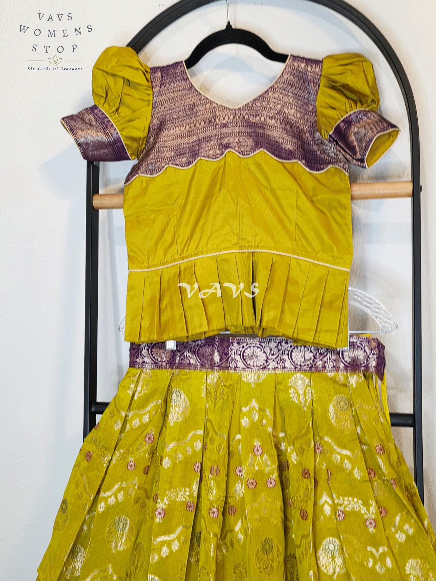 Royal Citrine Lime Green Benarasi Silk Lehenga Set with Imperial Aubergine Purple Zari Peplum Blouse | Girls 7–8 Years
