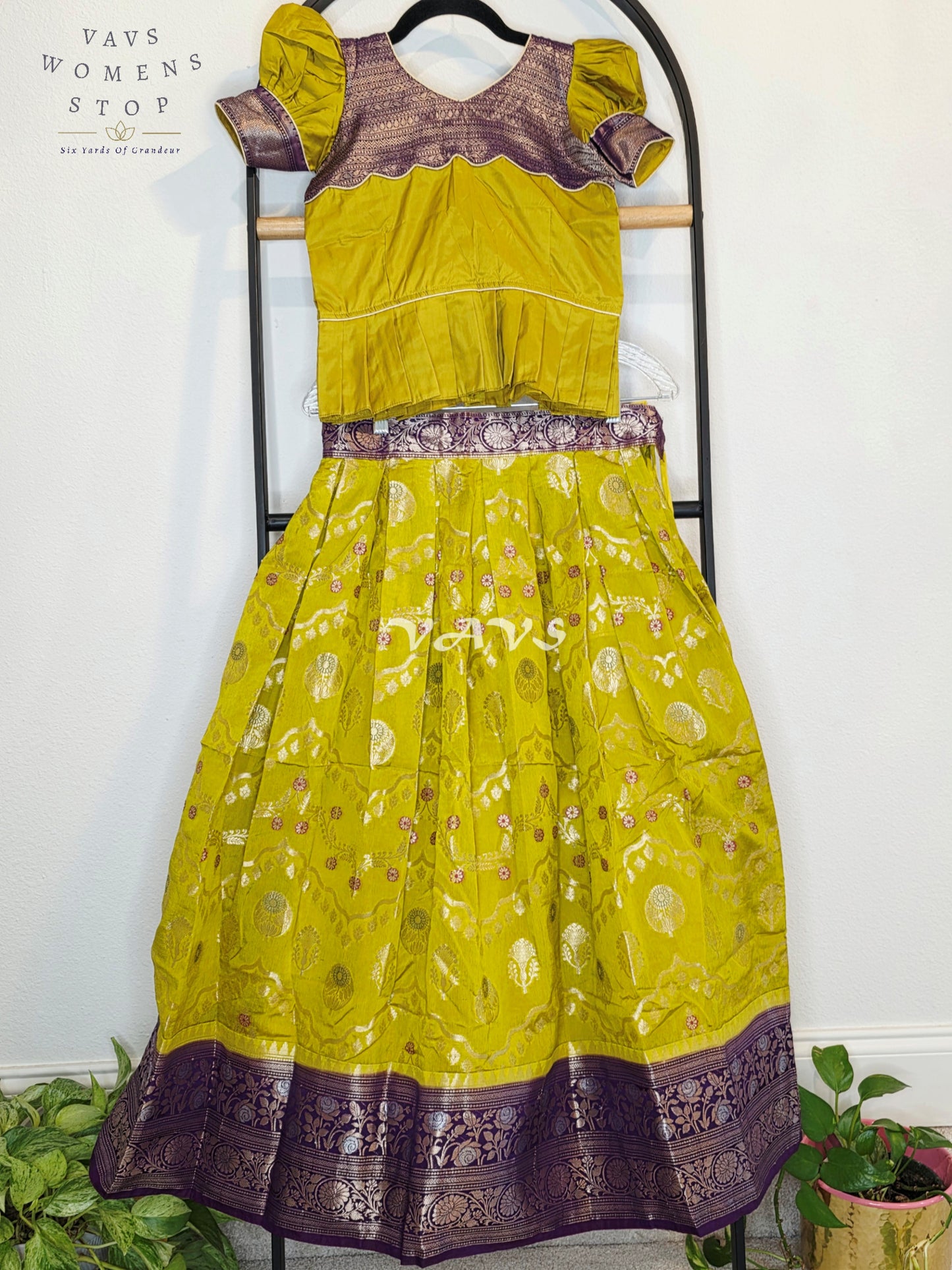 Royal Citrine Lime Green Benarasi Silk Lehenga Set with Imperial Aubergine Purple Zari Peplum Blouse | Girls 7–8 Years