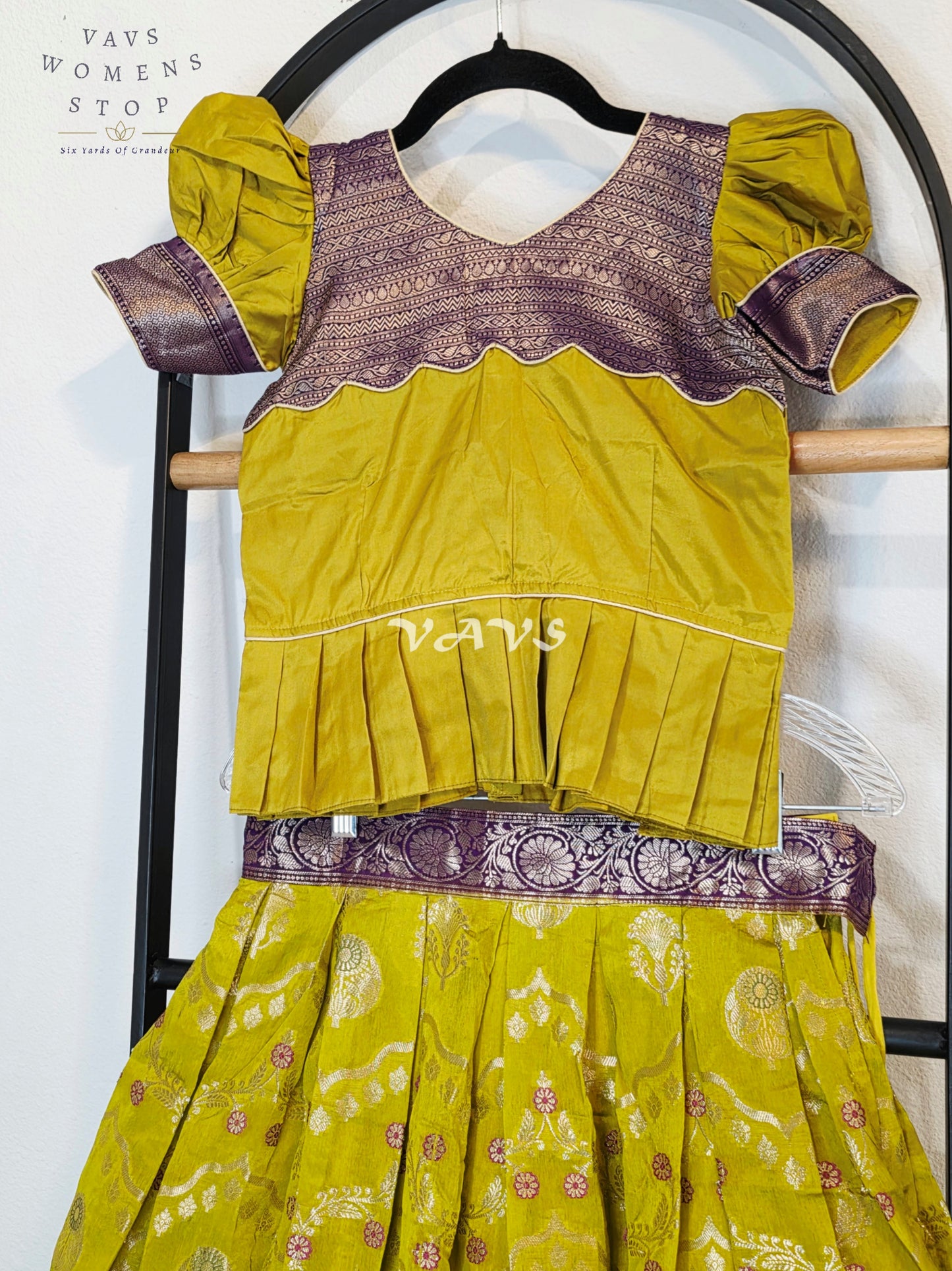 Royal Citrine Lime Green Benarasi Silk Lehenga Set with Imperial Aubergine Purple Zari Peplum Blouse | Girls 7–8 Years