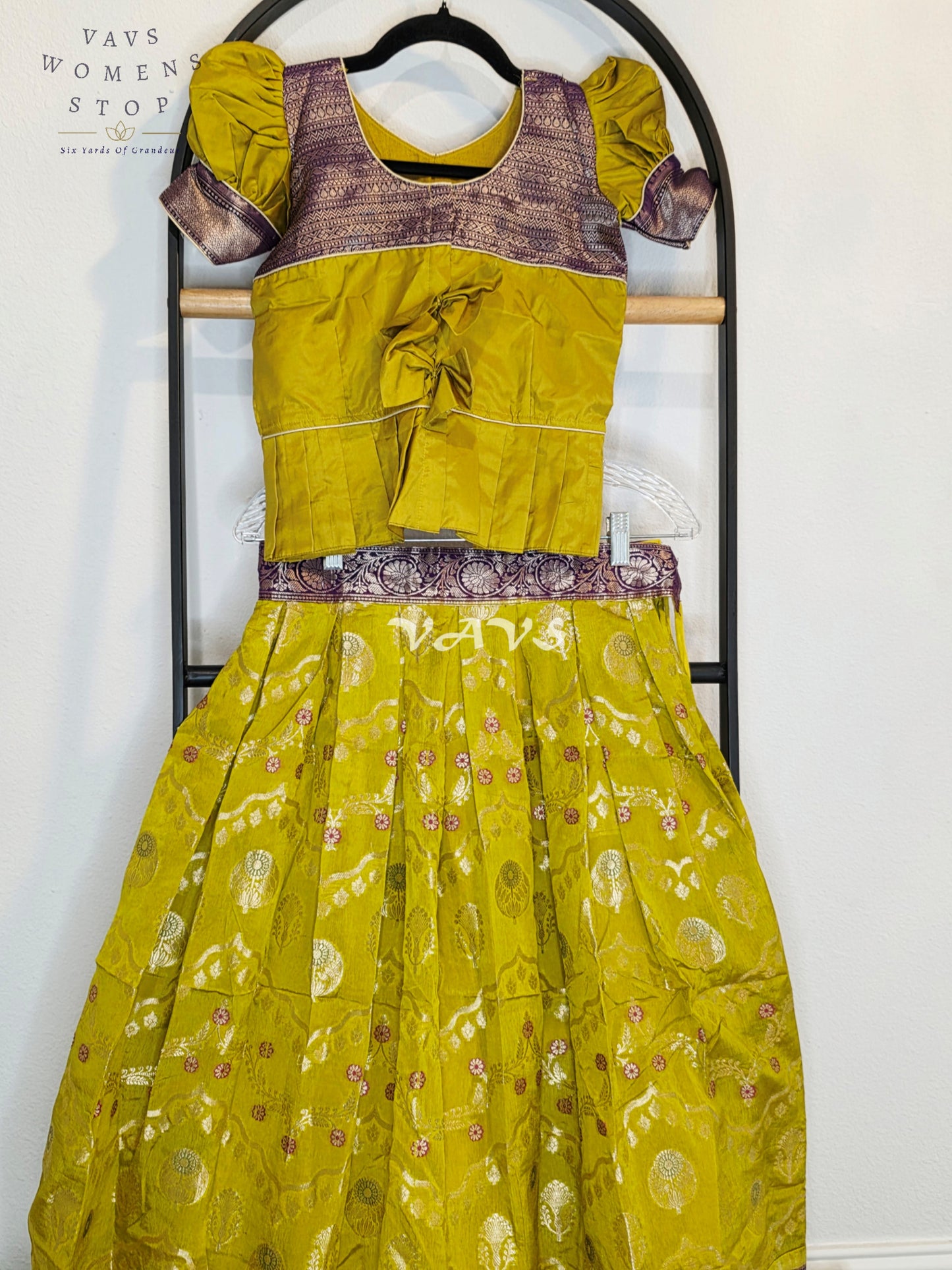 Royal Citrine Lime Green Benarasi Silk Lehenga Set with Imperial Aubergine Purple Zari Peplum Blouse | Girls 7–8 Years