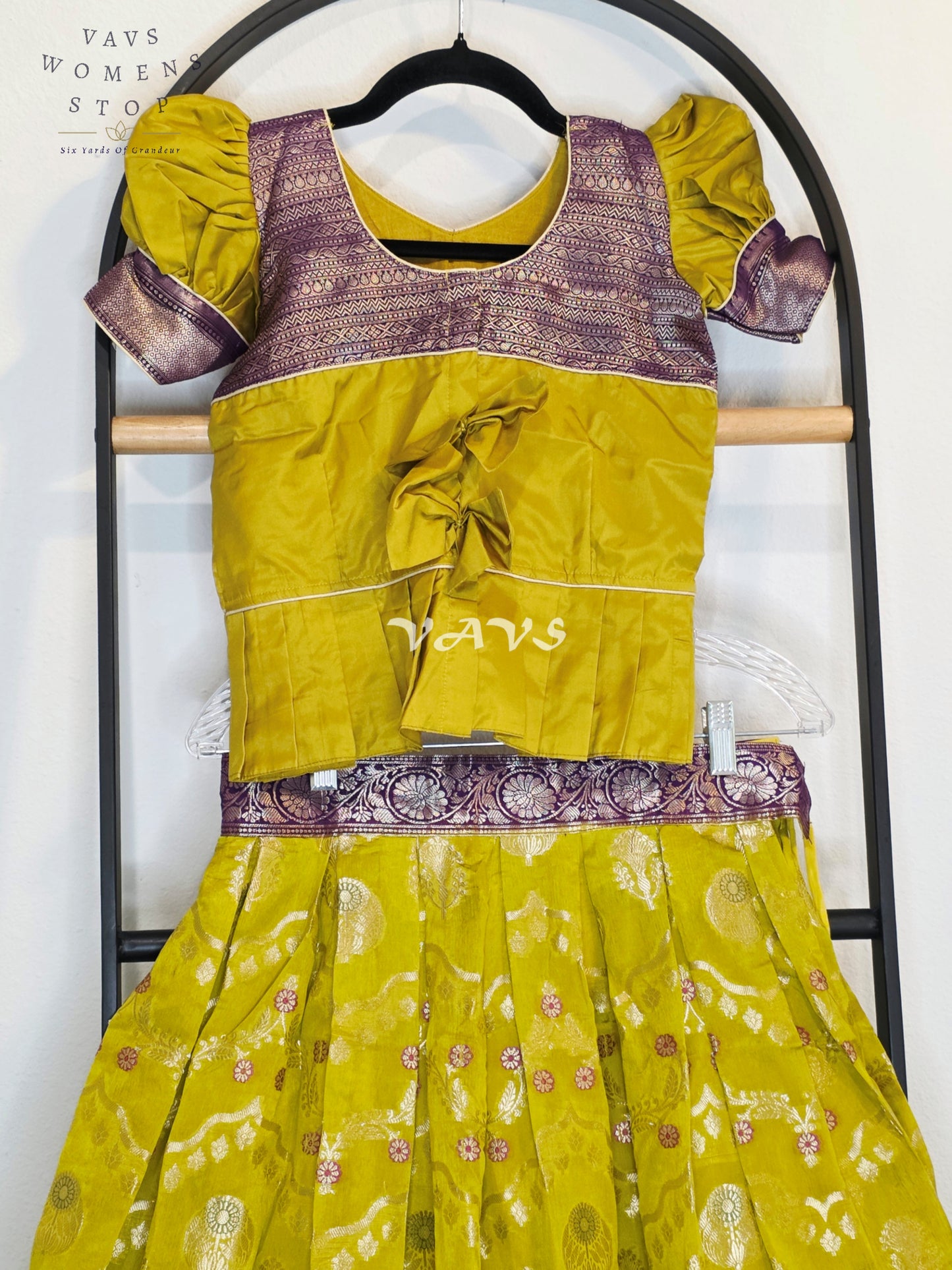 Royal Citrine Lime Green Benarasi Silk Lehenga Set with Imperial Aubergine Purple Zari Peplum Blouse | Girls 7–8 Years