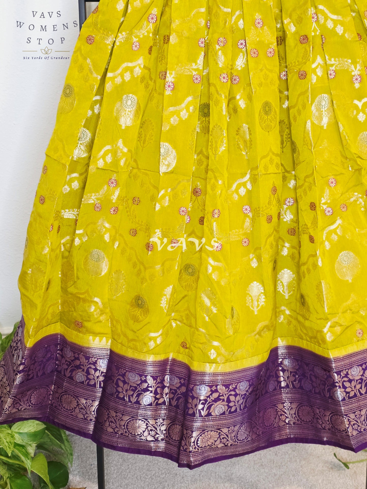 Royal Citrine Lime Green Benarasi Silk Lehenga Set with Imperial Aubergine Purple Zari Peplum Blouse | Girls 7–8 Years