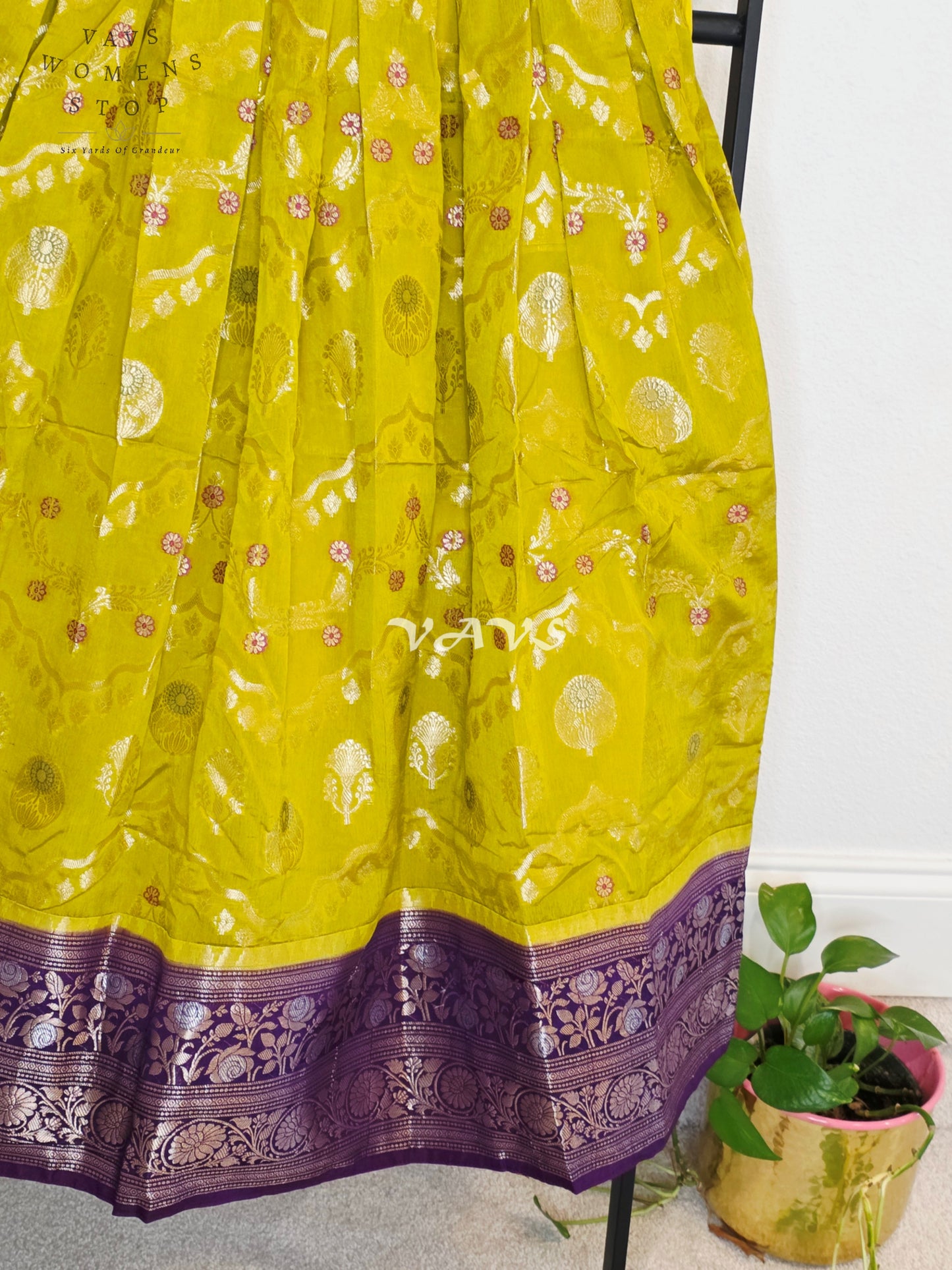 Royal Citrine Lime Green Benarasi Silk Lehenga Set with Imperial Aubergine Purple Zari Peplum Blouse | Girls 7–8 Years