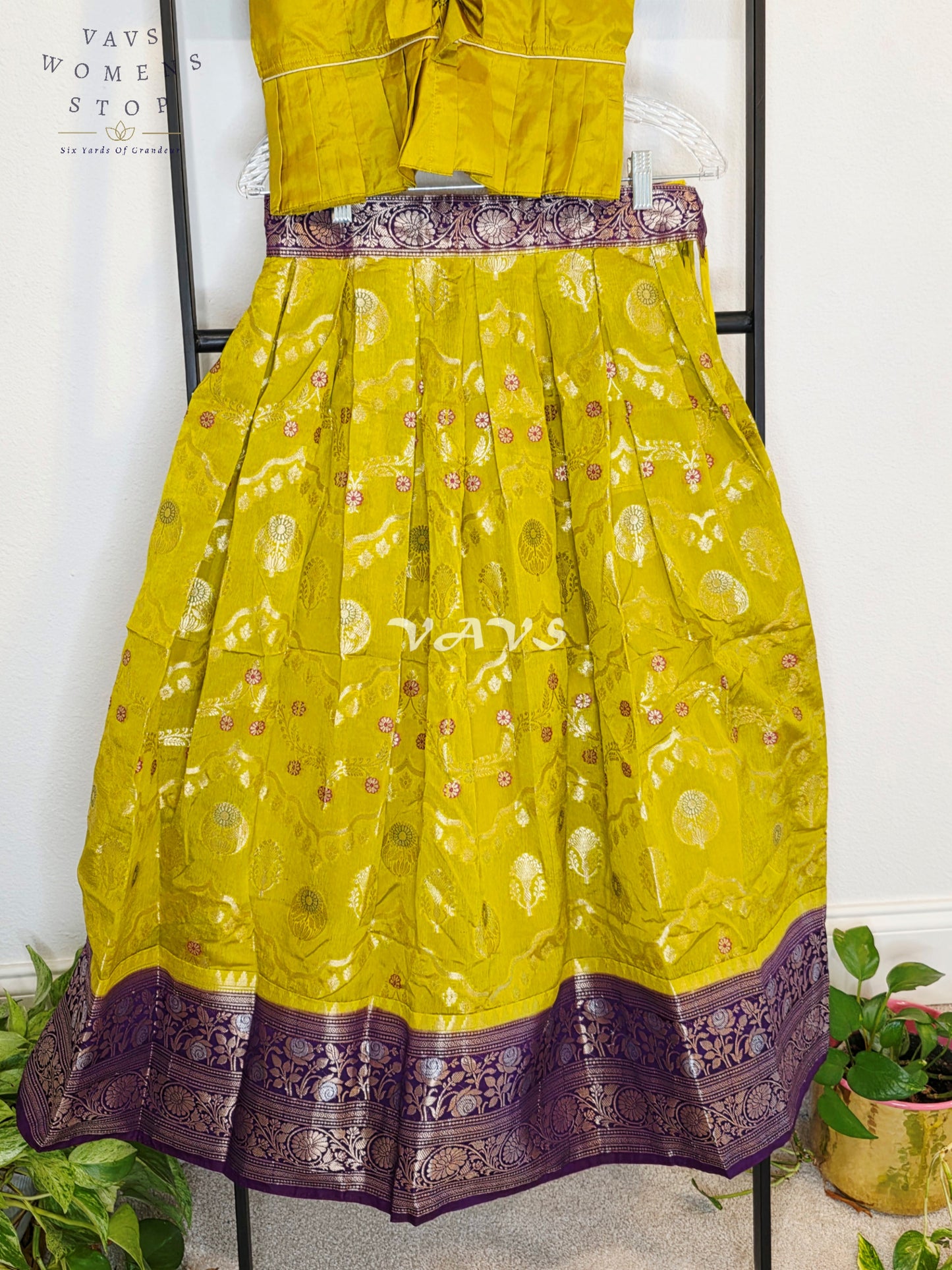 Royal Citrine Lime Green Benarasi Silk Lehenga Set with Imperial Aubergine Purple Zari Peplum Blouse | Girls 7–8 Years