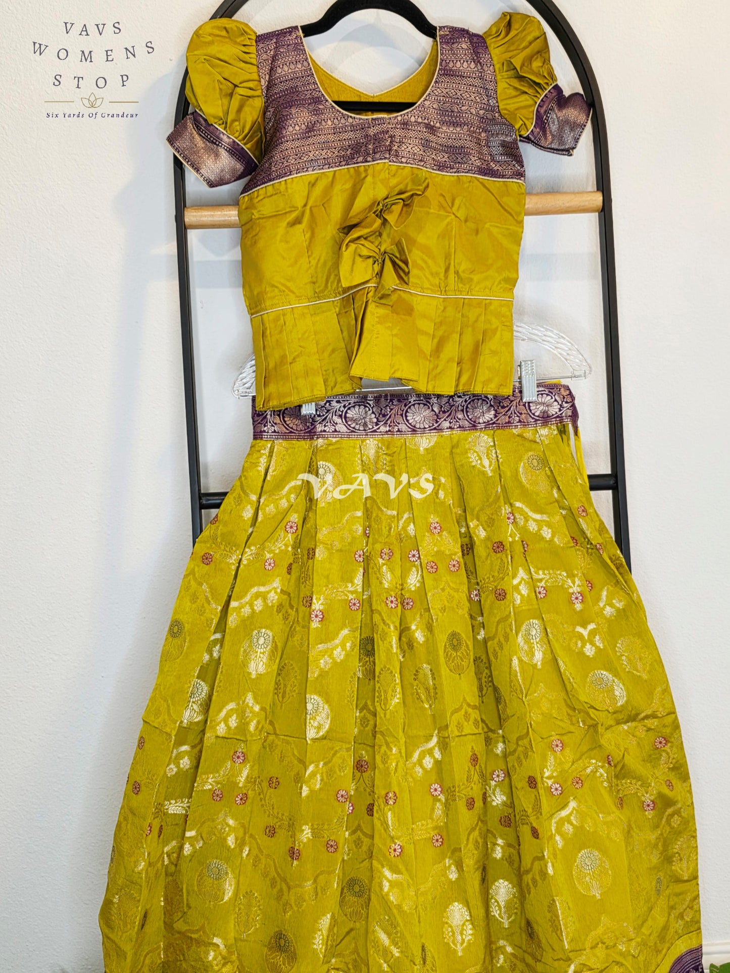 Royal Citrine Lime Green Benarasi Silk Lehenga Set with Imperial Aubergine Purple Zari Peplum Blouse | Girls 7–8 Years